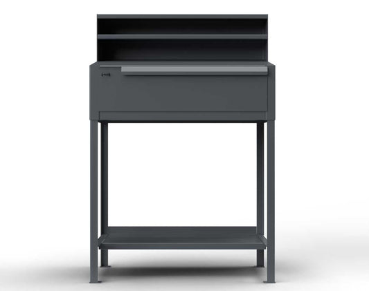 Extreme Duty 12 GA Shipping and Receiving Desk with 1 Drawer, 1 Shelf, Riser Shelf - 36 In. W x 28 In. D x 54 In. H