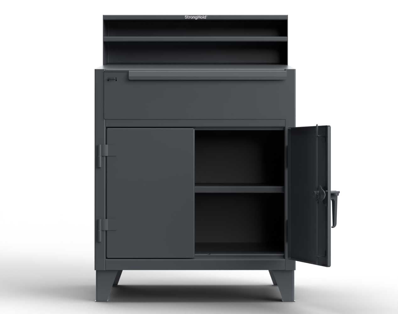 Extreme Duty 12 GA Shop Desk with 1 Drawer, 1 Shelf, Riser Shelf - 36 In. W x 28 In. D x 54 In. H