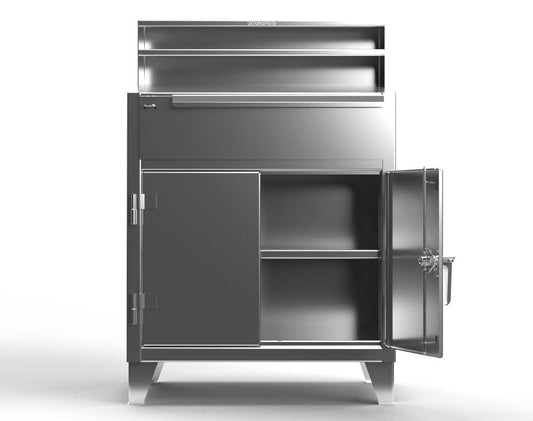 Extreme Duty 12 GA Stainless Steel Shop Desk with 1 Drawer, 1 Shelf, Riser Shelf - 36 In. W x 28 In. D x 54 In. H