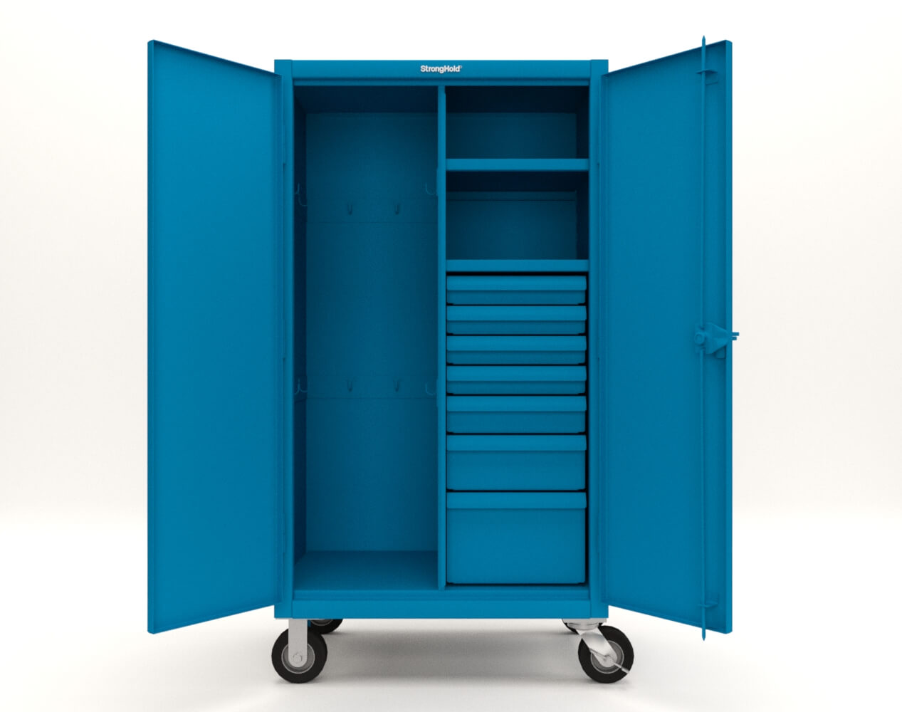 Extreme Duty 12 GA Mobile Rigging Cabinet with 7 Half-Width Drawers, 2 Shelves - 36 in. W x 24 in. D x 68 in. H