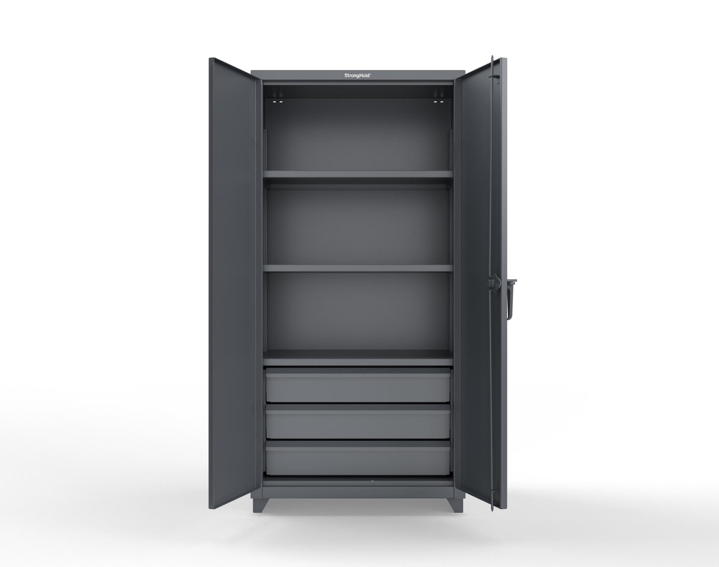 Extra Heavy Duty 14 GA Cabinet with 3 Drawers, 3 Shelves - 36 In. W x 24 In. D x 75 In. H - 36-243-3DB-L-7024