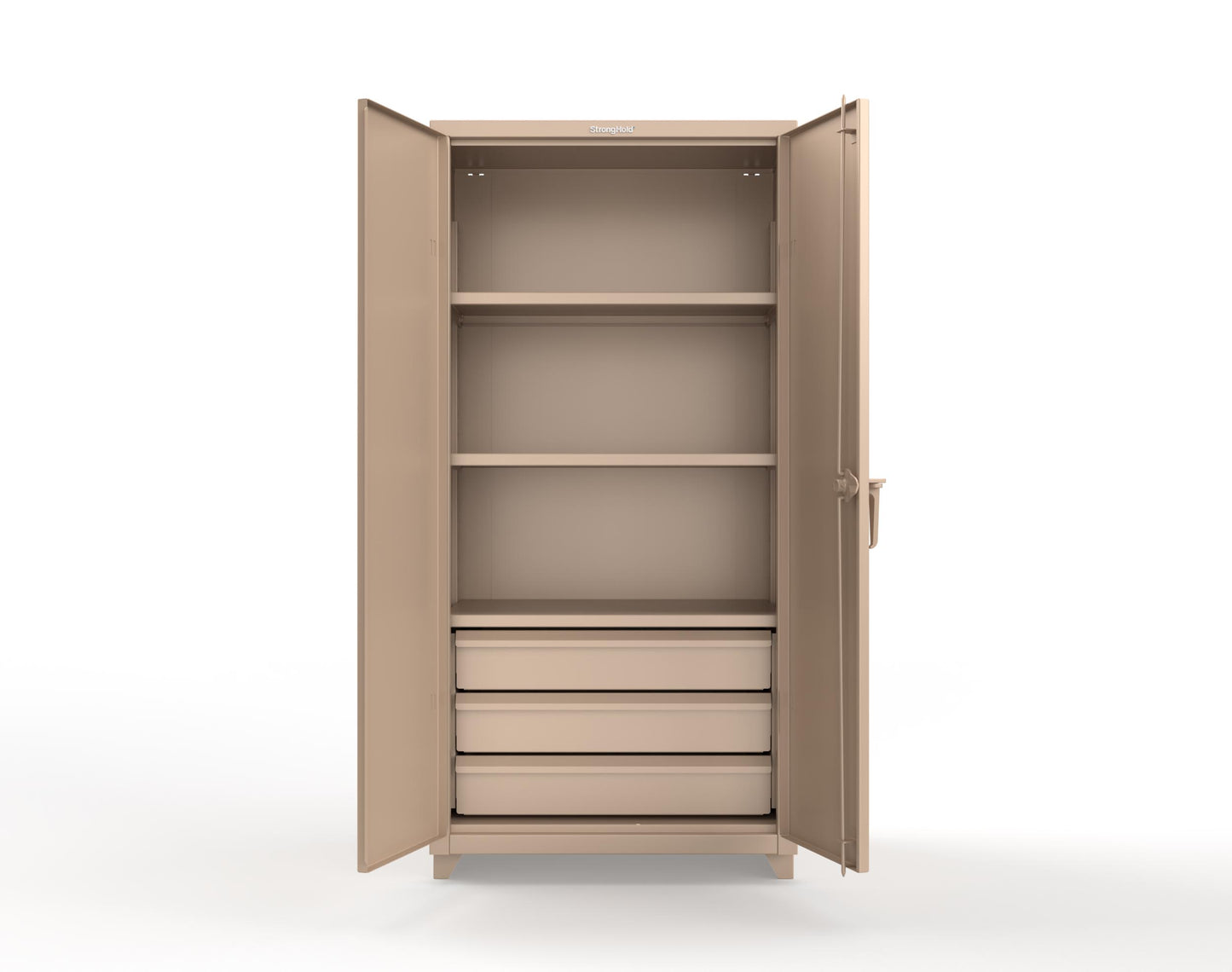 Extra Heavy Duty 14 GA Cabinet with 3 Drawers, 3 Shelves - 36 In. W x 24 In. D x 75 In. H - 36-243-3DB-L-1019