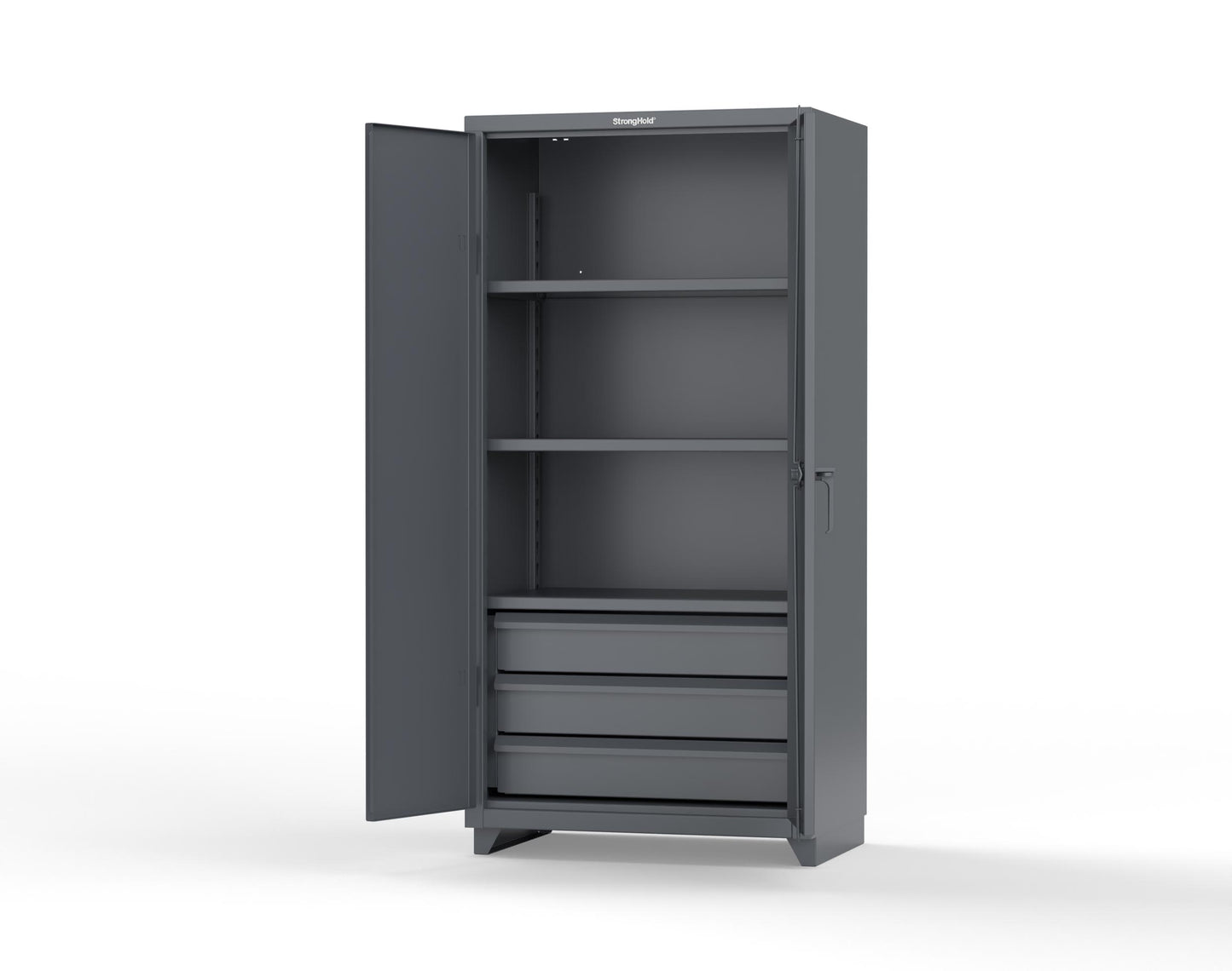 Extra Heavy Duty 14 GA Cabinet with 3 Drawers, 3 Shelves - 36 In. W x 24 In. D x 75 In. H - 36-243-3DB-L-7024