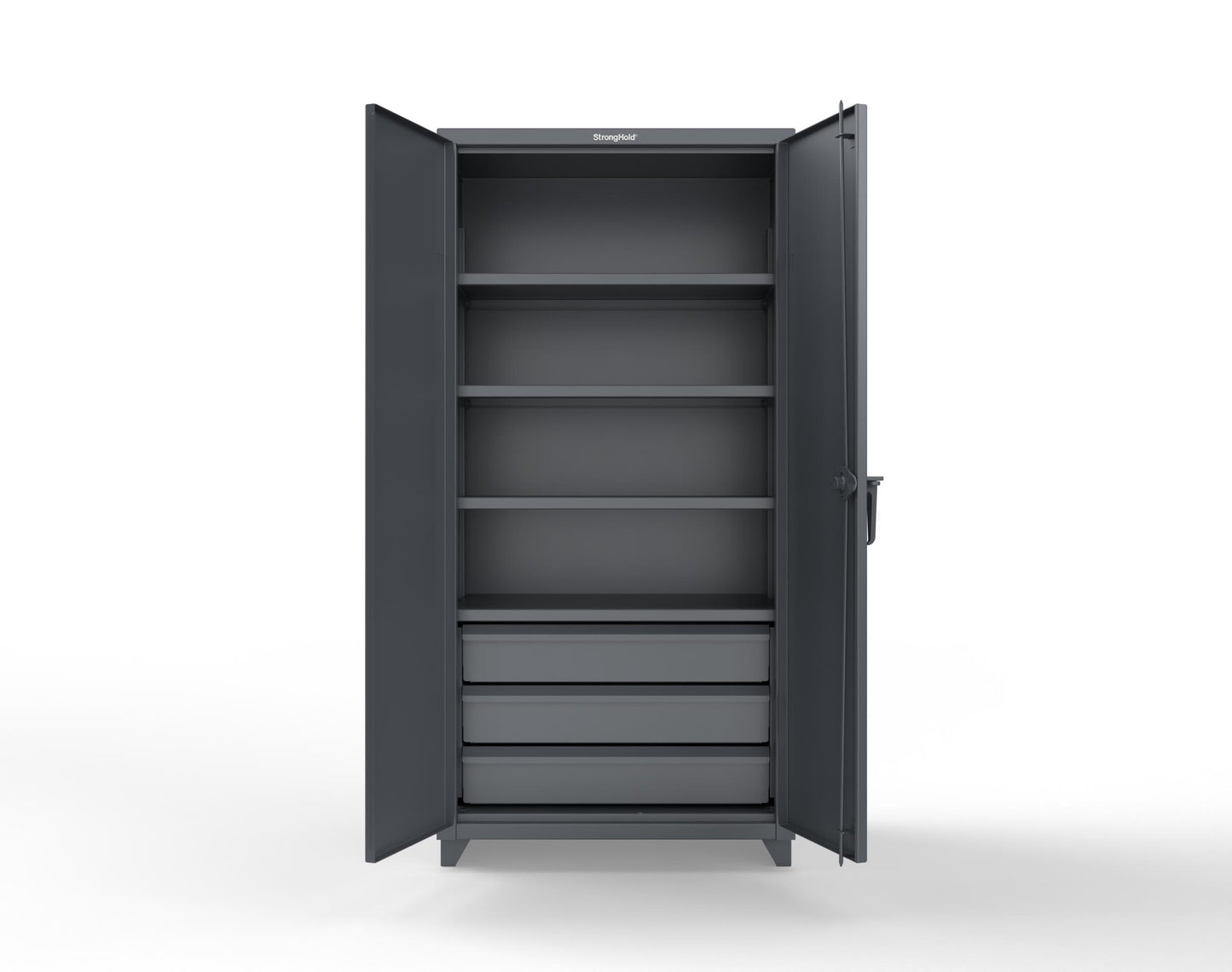 Extra Heavy Duty 14 GA Cabinet with 3 Drawers, 4 Shelves - 36 In. W x 24 In. D x 75 In. H - 36-244-3DB-L-7024