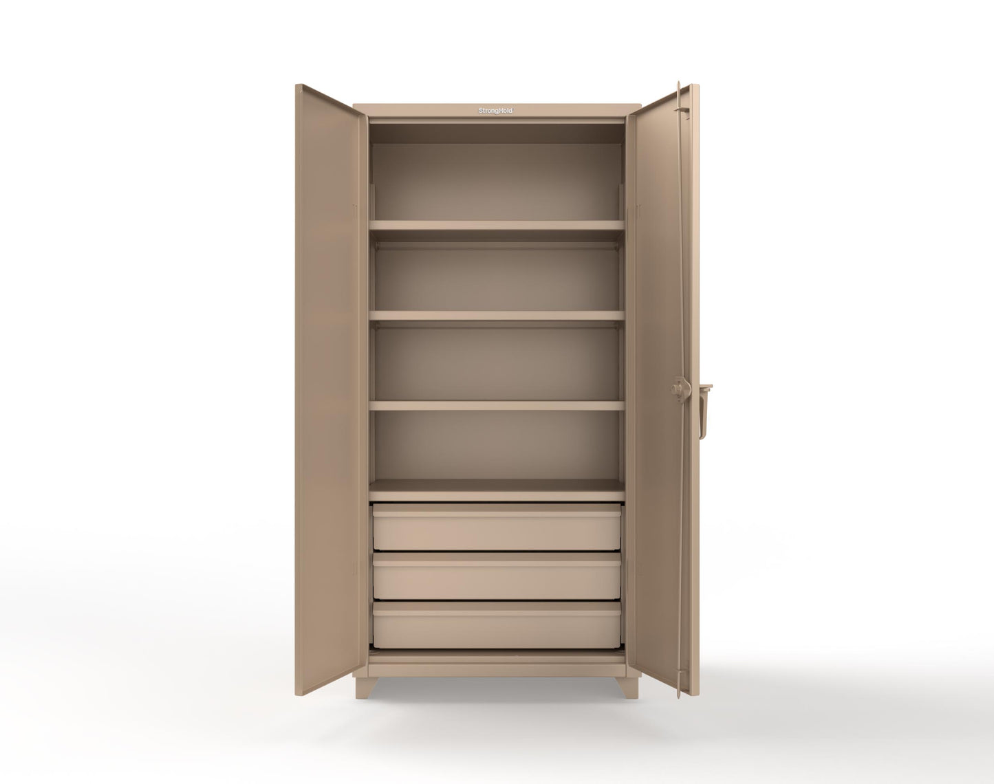 Extra Heavy Duty 14 GA Cabinet with 3 Drawers, 4 Shelves - 36 In. W x 24 In. D x 75 In. H - 36-244-3DB-L-1019