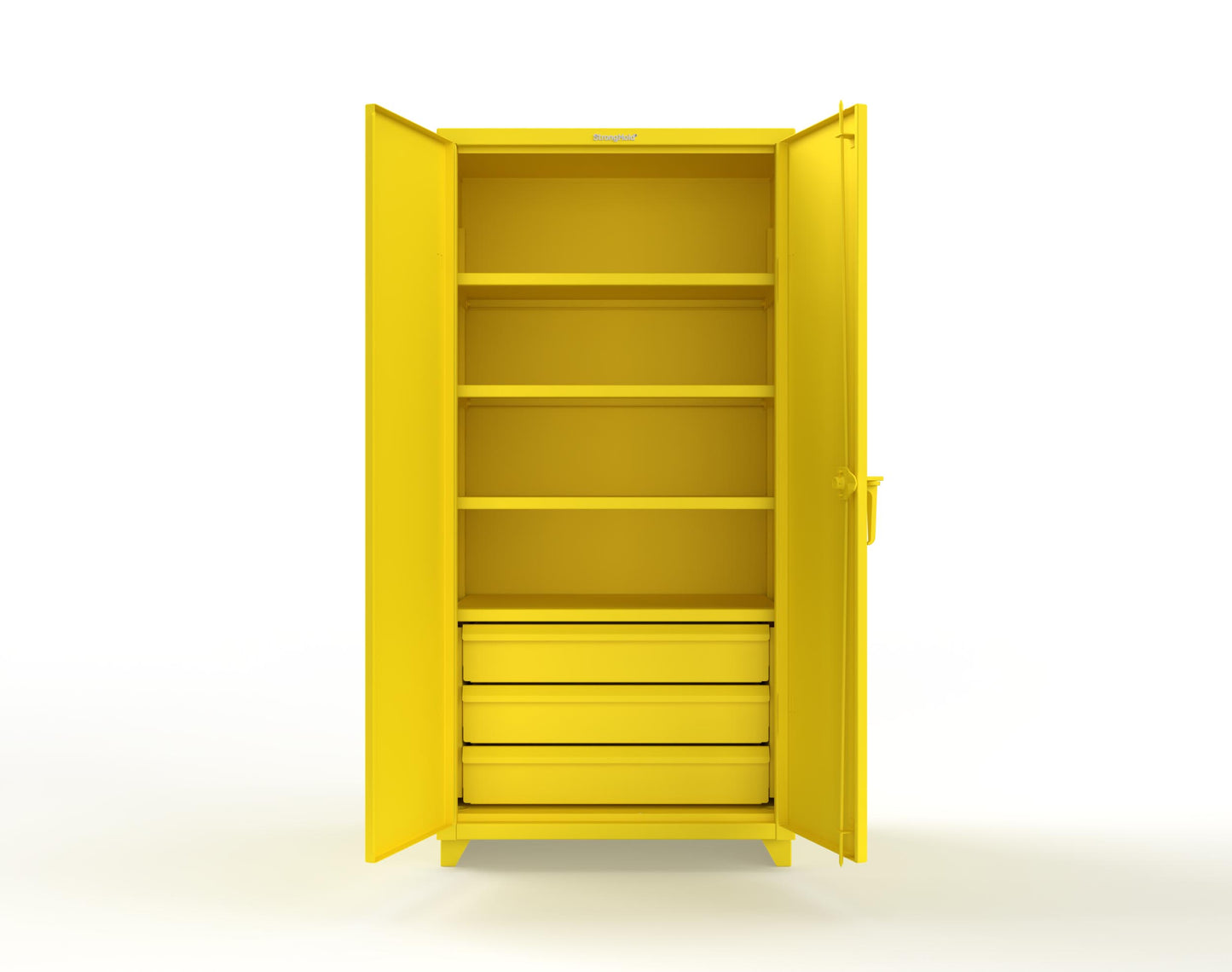 Extra Heavy Duty 14 GA Cabinet with 3 Drawers, 4 Shelves - 36 In. W x 24 In. D x 75 In. H - 36-244-3DB-L-1021