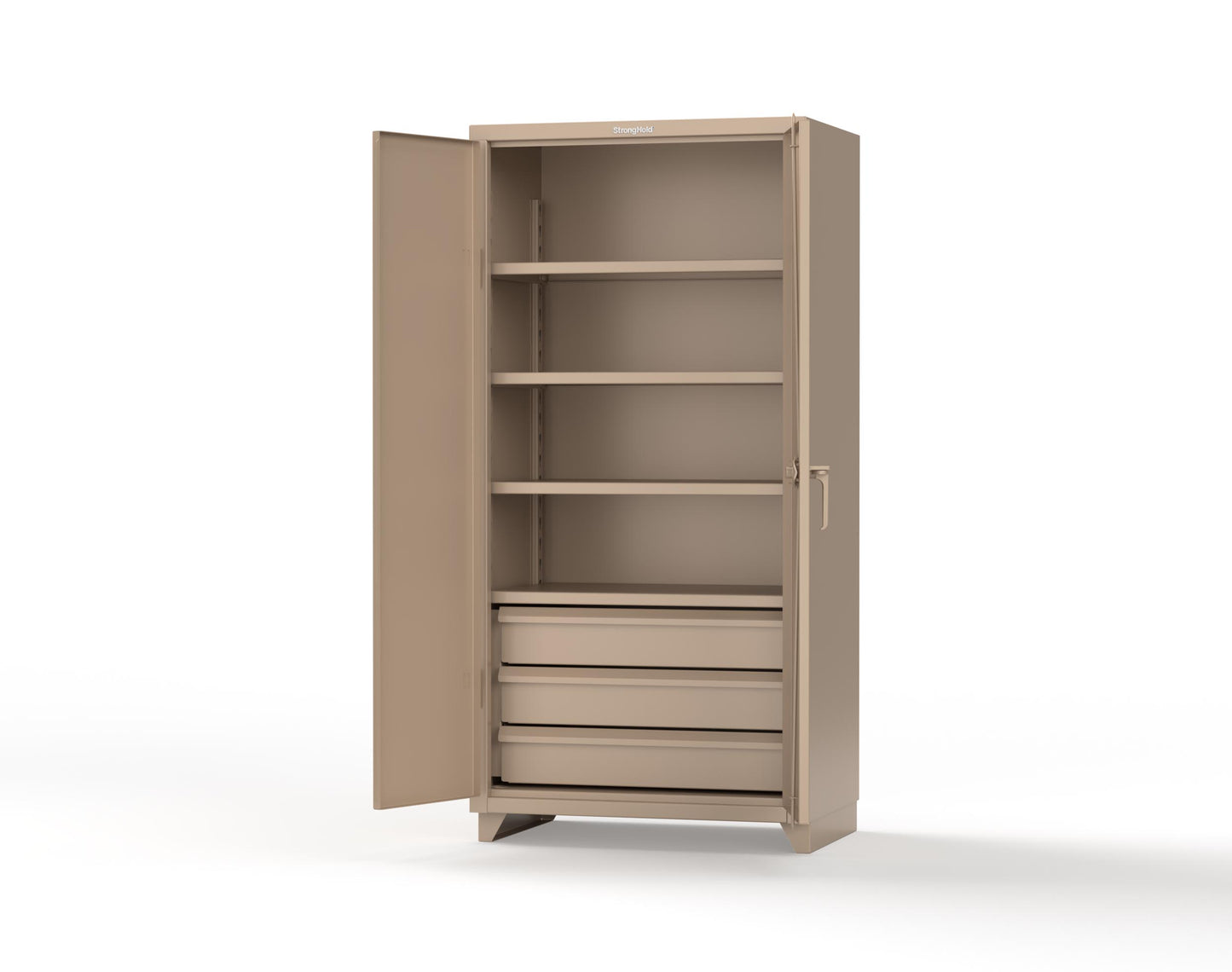 Extra Heavy Duty 14 GA Cabinet with 3 Drawers, 4 Shelves - 36 In. W x 24 In. D x 75 In. H - 36-244-3DB-L-1019