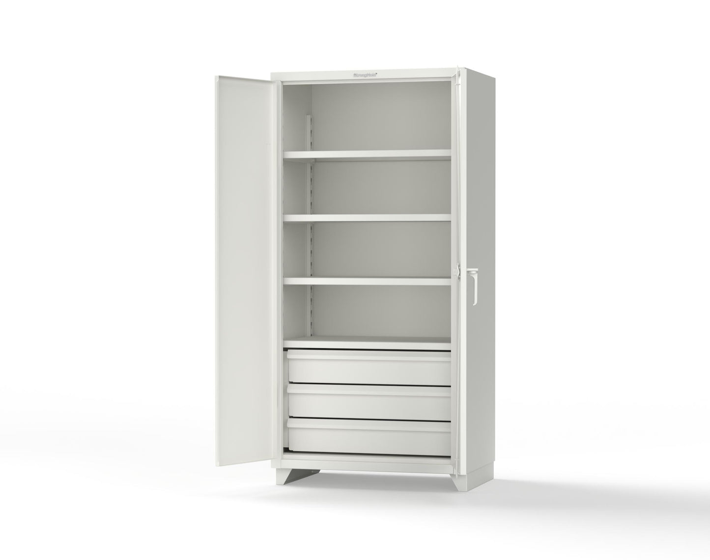 Extra Heavy Duty 14 GA Cabinet with 3 Drawers, 4 Shelves - 36 In. W x 24 In. D x 75 In. H - 36-244-3DB-L-9003