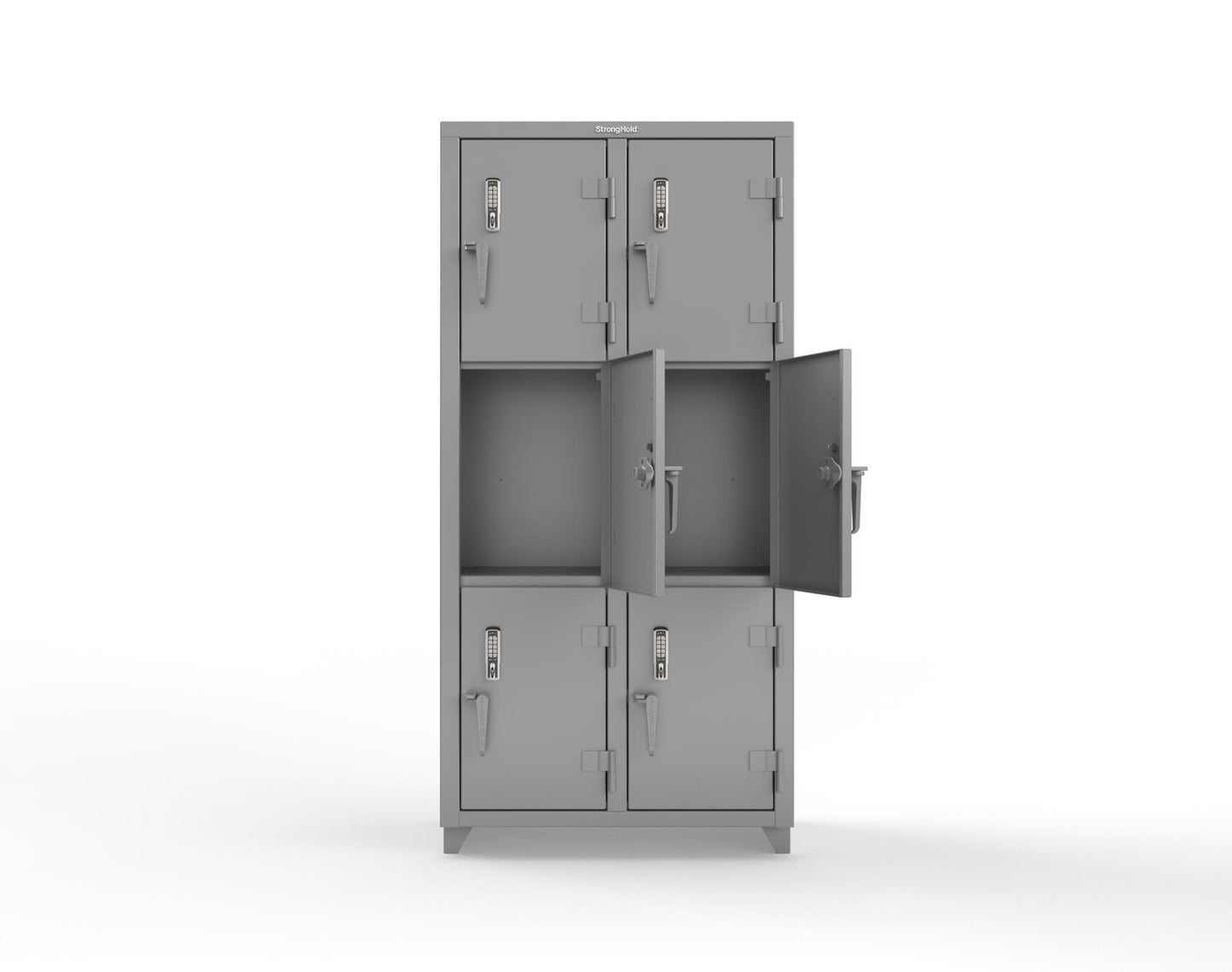 Extra Heavy Duty 14 GA Triple-Tier Locker with Keyless Entry Lock, 6 Compartments – 36 in. W x 18 in. D x 75 in. H - 36-6D-18-3T-EK-L-7037