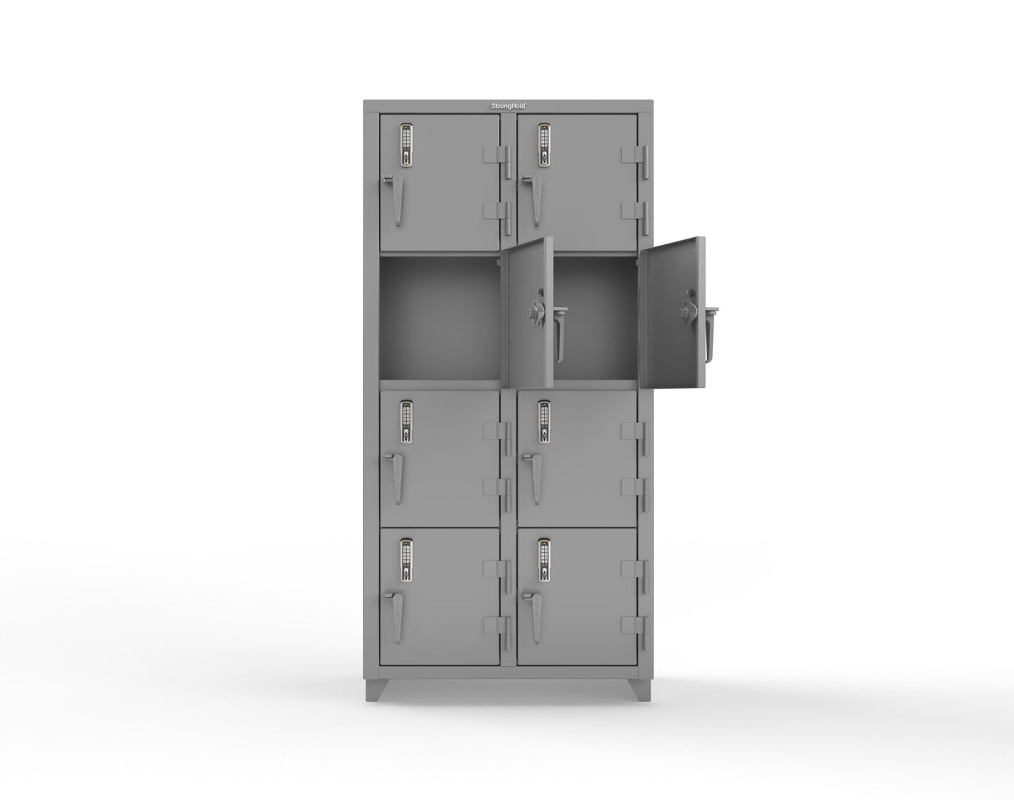 Extra Heavy Duty 14 GA 4-Tier Locker with Keyless Entry Lock, 8 Compartments – 36 in. W x 18 in. D x 75 in. H - 36-8D-18-4T-EK-L-7037