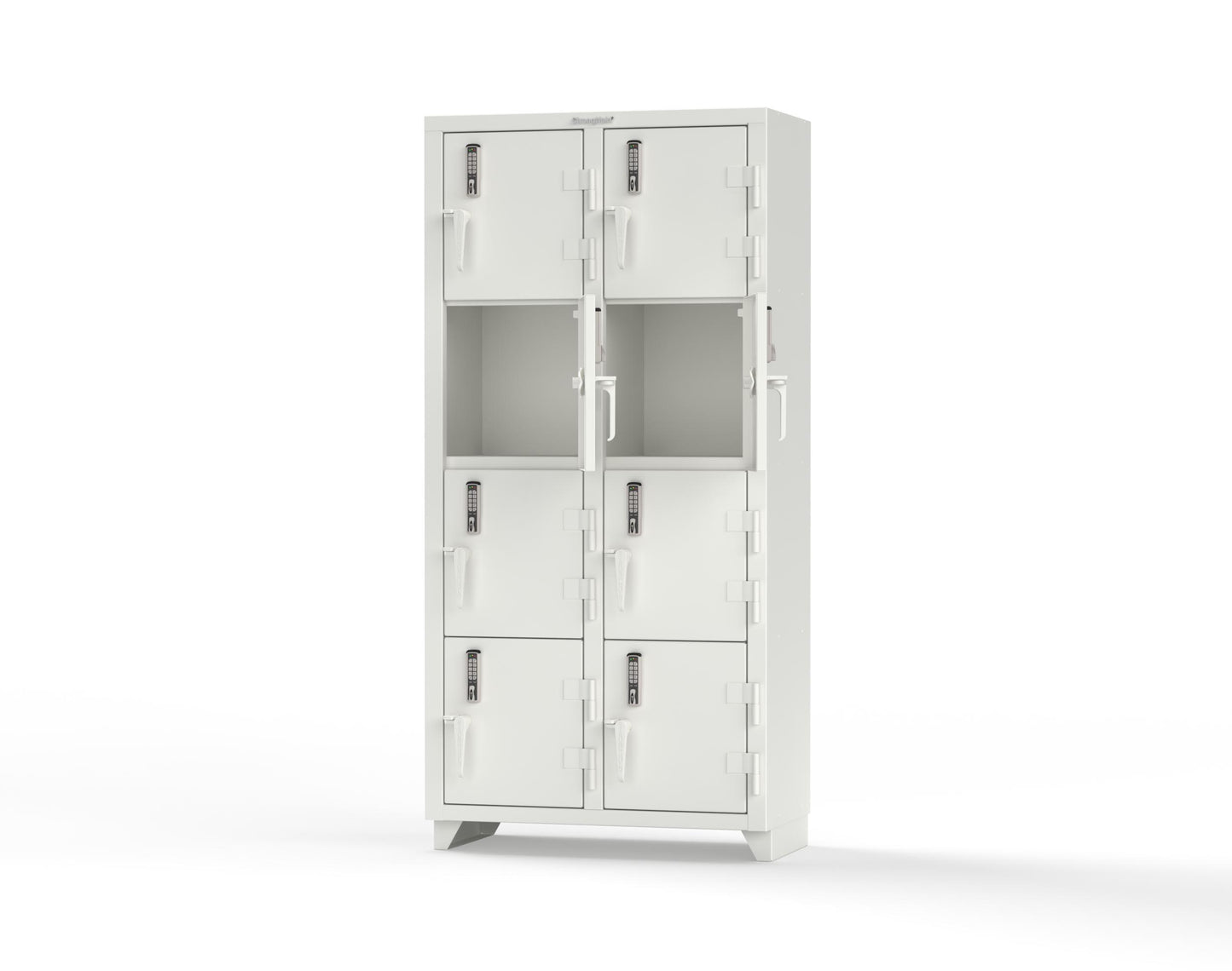 Extra Heavy Duty 14 GA 4-Tier Locker with Keyless Entry Lock, 8 Compartments – 36 in. W x 18 in. D x 75 in. H - 36-8D-18-4T-EK-L-9003