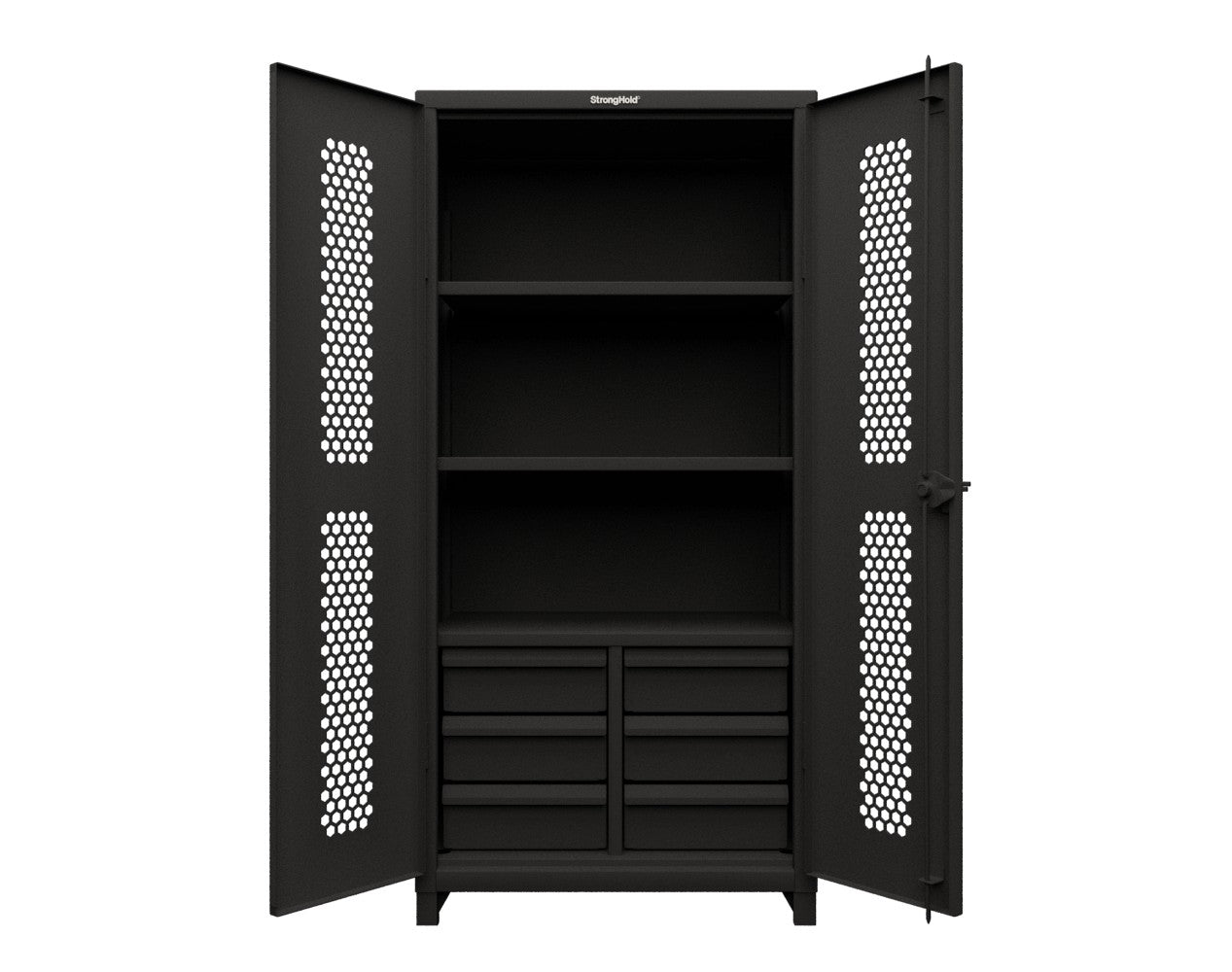 Extra Heavy Duty 14 GA Ventilated (Hex) Cabinet with 6 Half-Width Drawers, 3 Shelves - 36 In. W x 24 In. D x 75 In. H - 36-H-243-6/5DB-L-9005