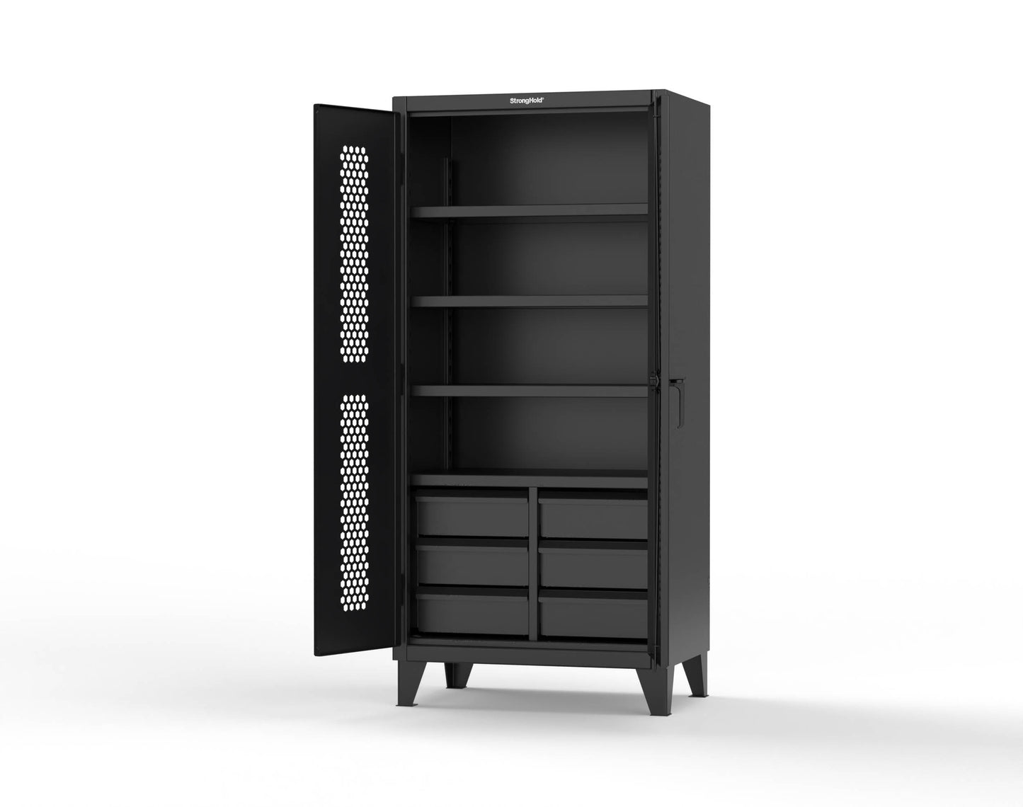 Extreme Duty 12 GA Ventilated (Hex) Cabinet with 6 Half-Width Drawers, 4 Shelves - 36 In. W x 24 In. D x 78 In. H - 36-H-244-6/5DB-9005