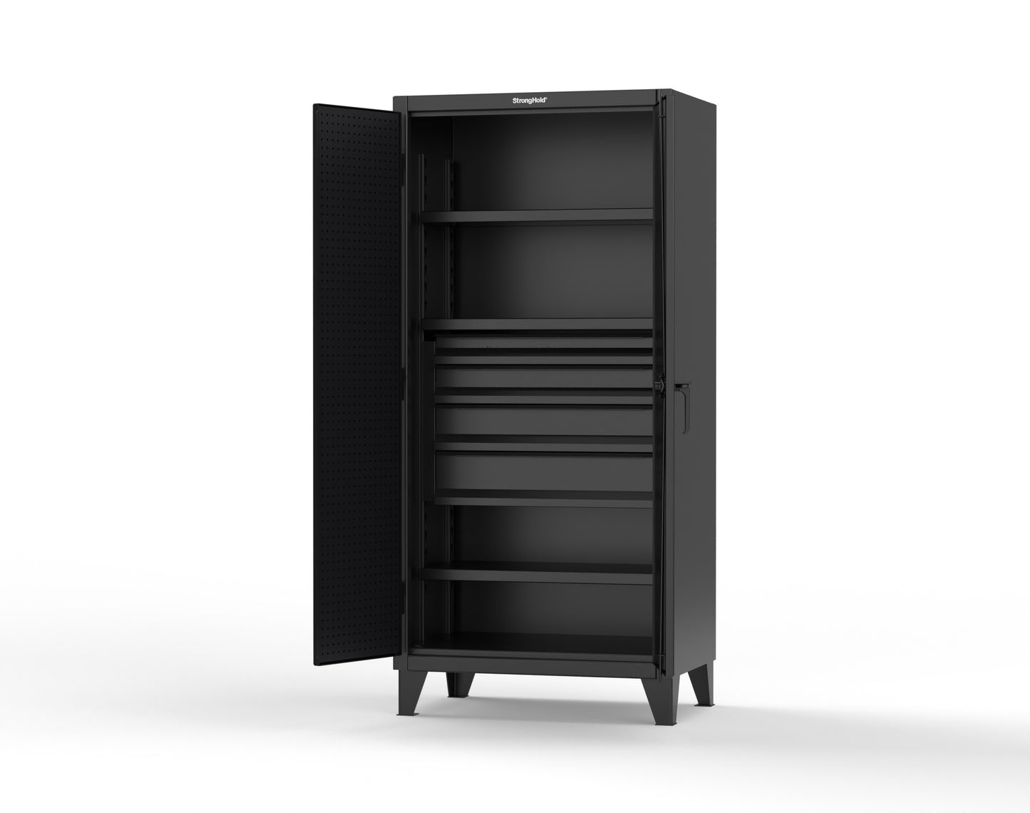 Extreme Duty 12 GA Cabinet with Pegboard Doors, Broom Handles, 4 Drawers, 3 Shelves - 36 In. W x 24 In. D x 78 In. H - 36-PB-243-4DB-BH-9005