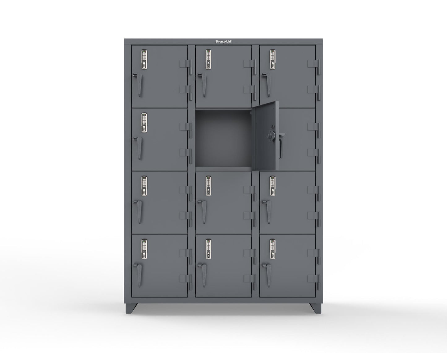 Extra Heavy Duty 14 GA 4-Tier Locker with Keyless Entry Lock, 12 Compartments – 54 in. W x 18 in. D x 75 in. H - 4.66-12D-18-4T-EK-L-7024