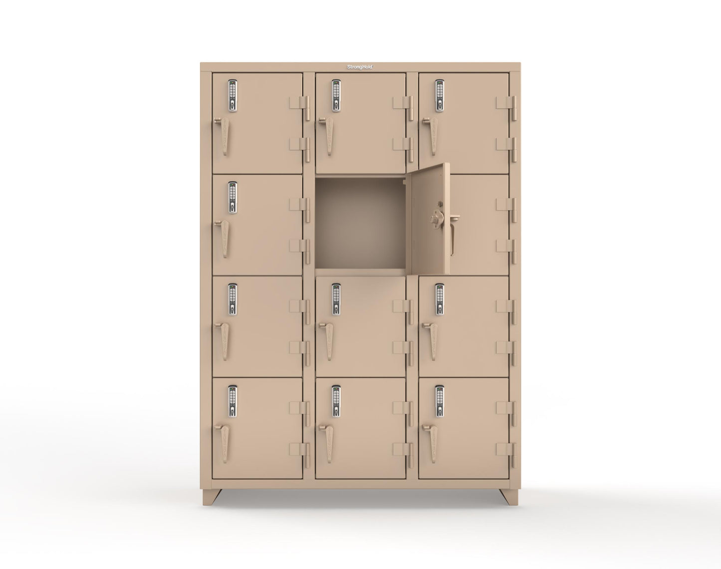 Extra Heavy Duty 14 GA 4-Tier Locker with Keyless Entry Lock, 12 Compartments – 54 in. W x 18 in. D x 75 in. H - 4.66-12D-18-4T-EK-L-1019