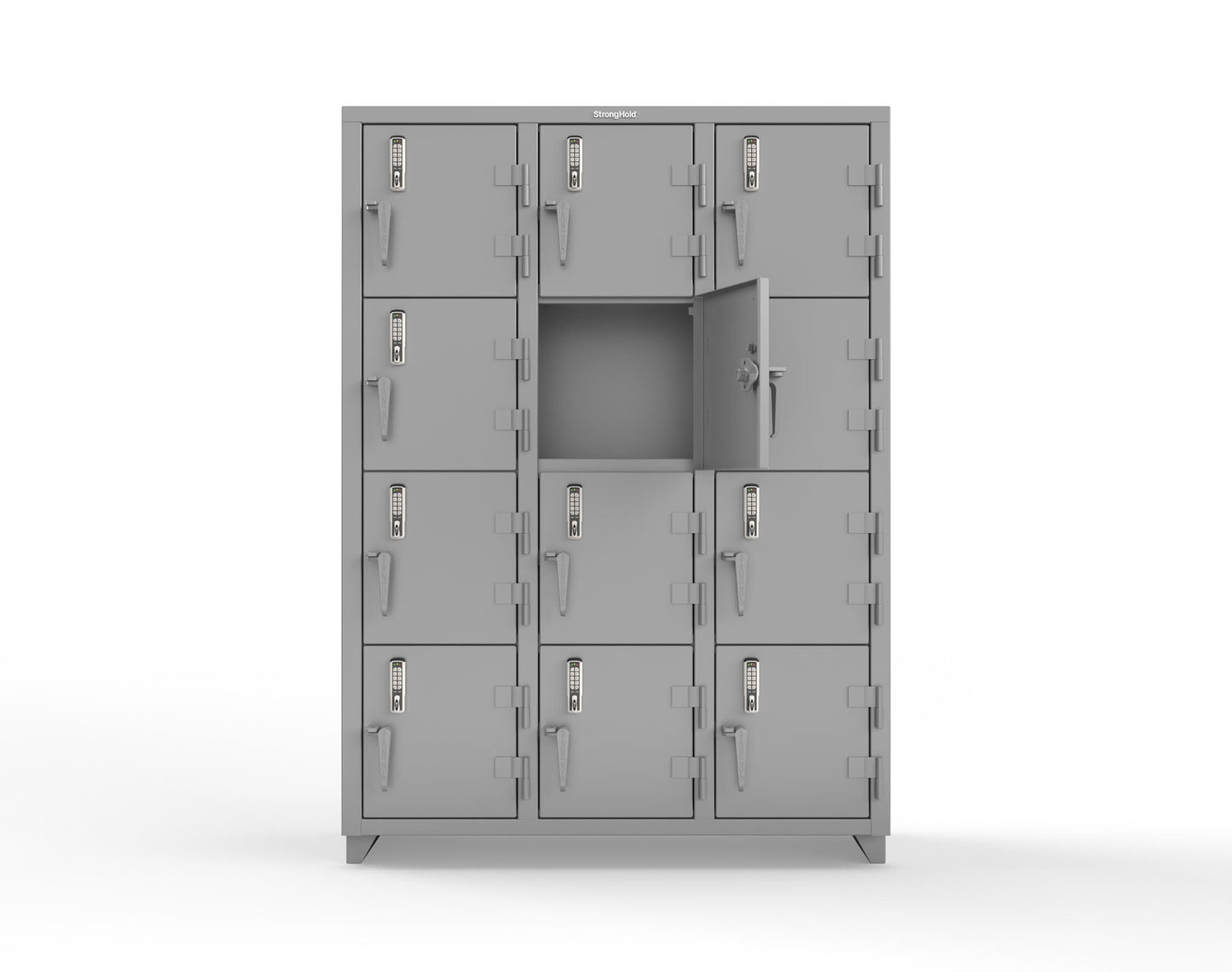 Extra Heavy Duty 14 GA 4-Tier Locker with Keyless Entry Lock, 12 Compartments – 54 in. W x 18 in. D x 75 in. H - 4.66-12D-18-4T-EK-L-7037