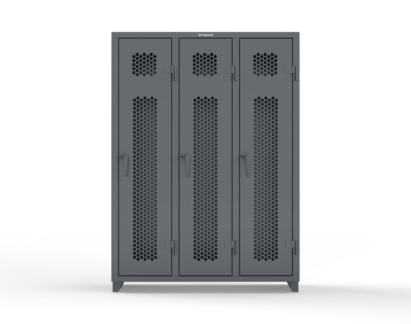Extra Heavy Duty 14 GA Ventilated Single-Tier Locker with Shelf and Hanger Rod, 3 Compartments - 54 in. W x 18 in. D x 75 in. H - 4.66-3H-18-1T-L-7024