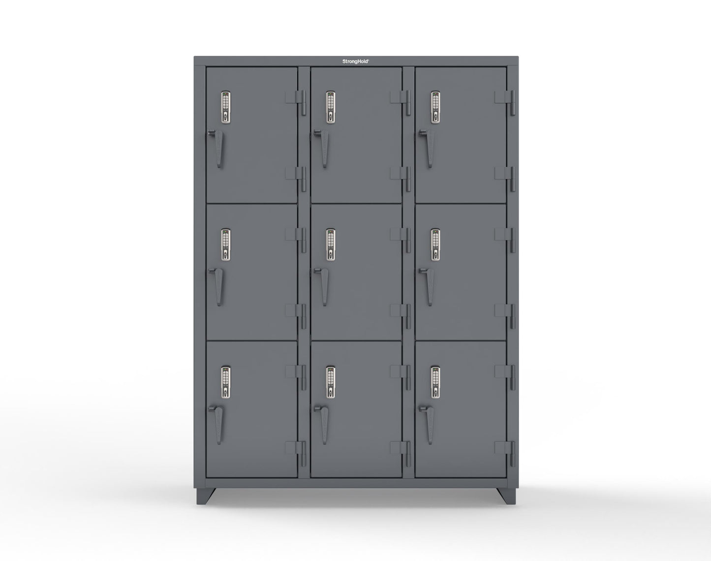 Extra Heavy Duty 14 GA Triple-Tier Locker with Keyless Entry Lock, 9 Compartments – 54 in. W x 18 in. D x 75 in. H - 4.66-9D-18-3T-EK-L-7024
