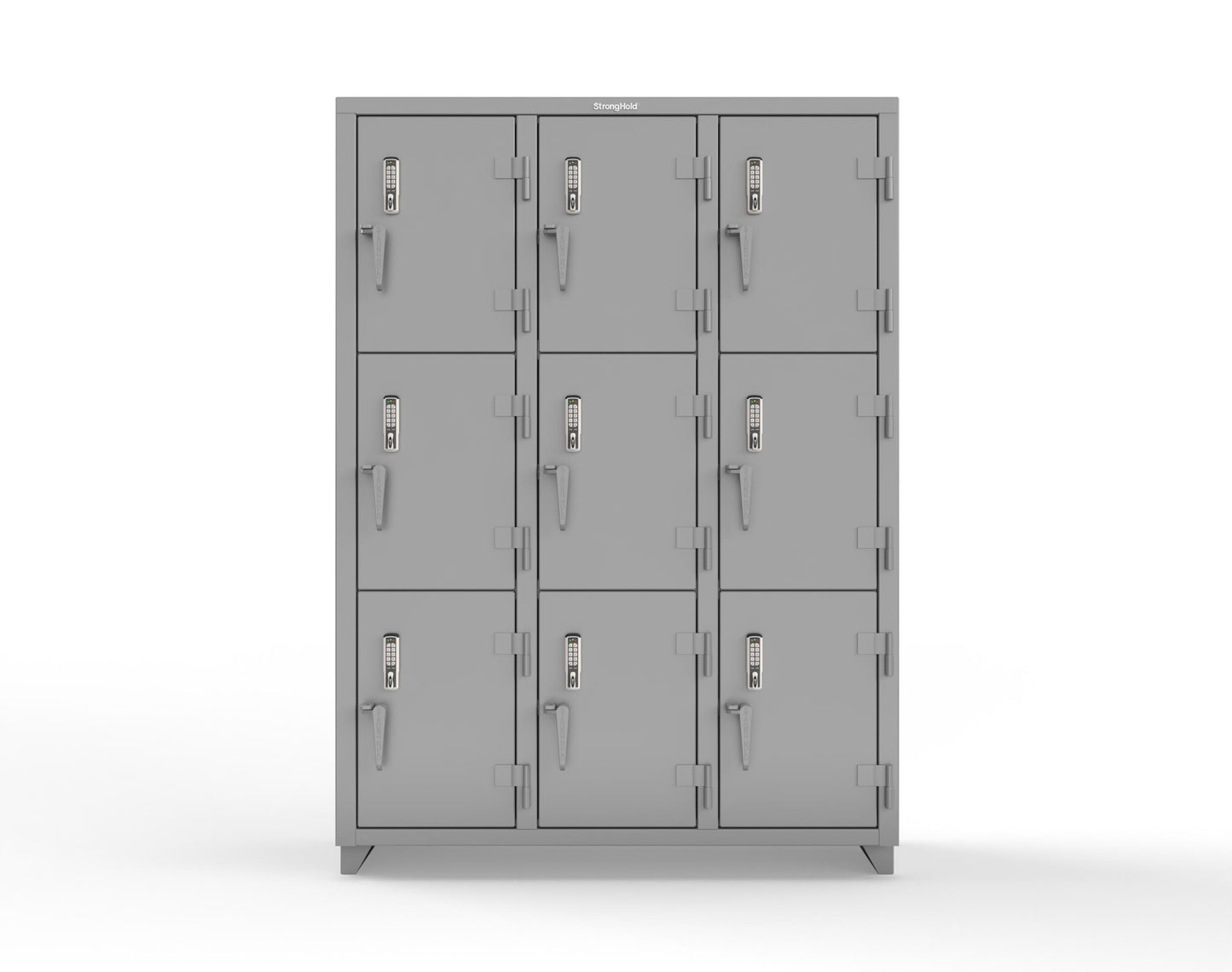Extra Heavy Duty 14 GA Triple-Tier Locker with Keyless Entry Lock, 9 Compartments – 54 in. W x 18 in. D x 75 in. H - 4.66-9D-18-3T-EK-L-7037