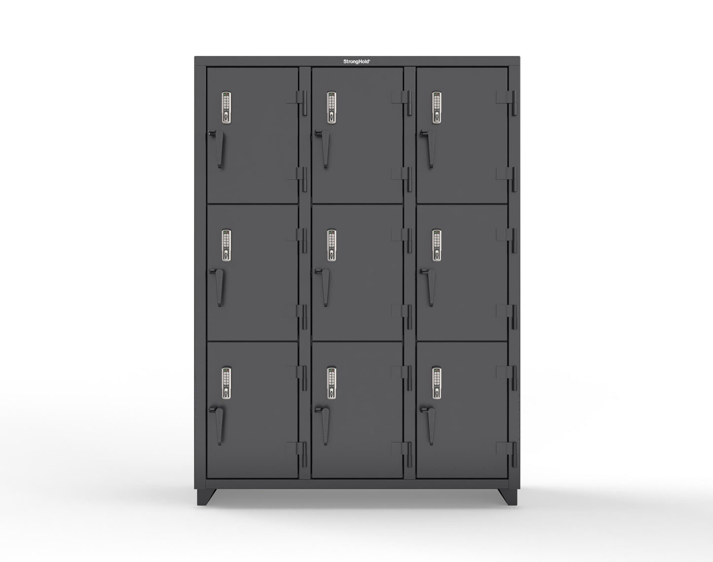 Extra Heavy Duty 14 GA Triple-Tier Locker with Keyless Entry Lock, 9 Compartments – 54 in. W x 18 in. D x 75 in. H - 4.66-9D-18-3T-EK-L-9005