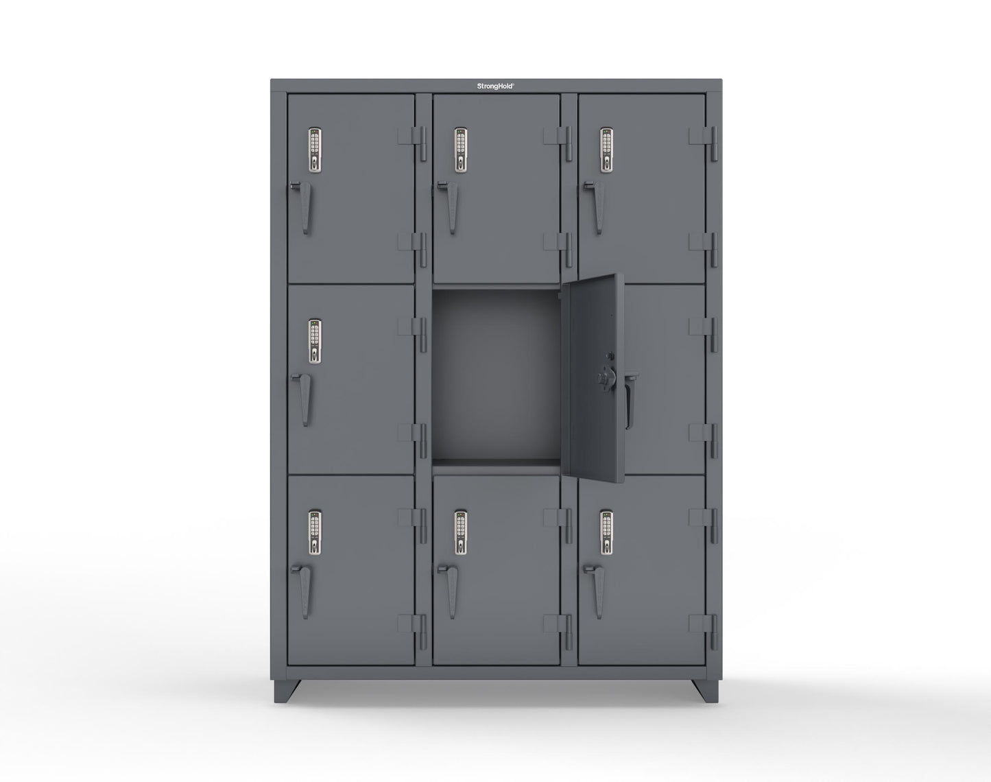 Extra Heavy Duty 14 GA Triple-Tier Locker with Keyless Entry Lock, 9 Compartments – 54 in. W x 18 in. D x 75 in. H - 4.66-9D-18-3T-EK-L-7024