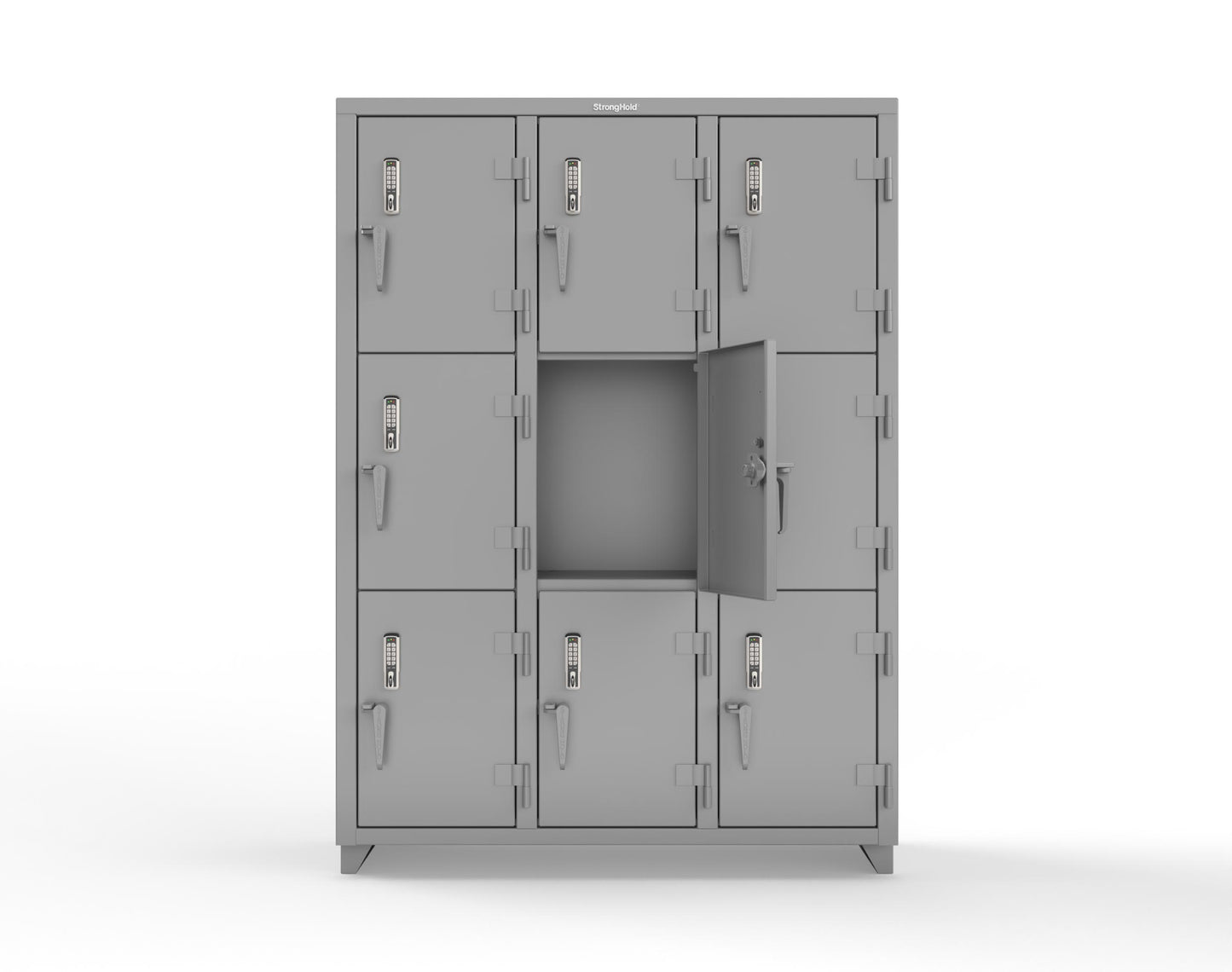 Extra Heavy Duty 14 GA Triple-Tier Locker with Keyless Entry Lock, 9 Compartments – 54 in. W x 18 in. D x 75 in. H - 4.66-9D-18-3T-EK-L-7037