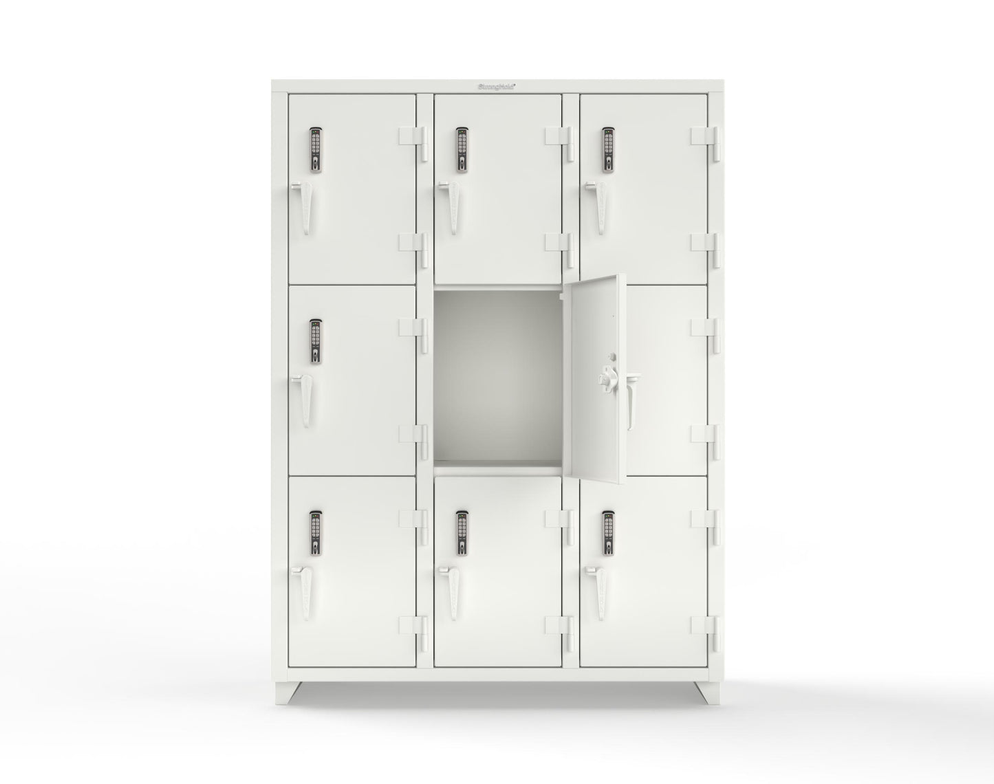 Extra Heavy Duty 14 GA Triple-Tier Locker with Keyless Entry Lock, 9 Compartments – 54 in. W x 18 in. D x 75 in. H - 4.66-9D-18-3T-EK-L-9003