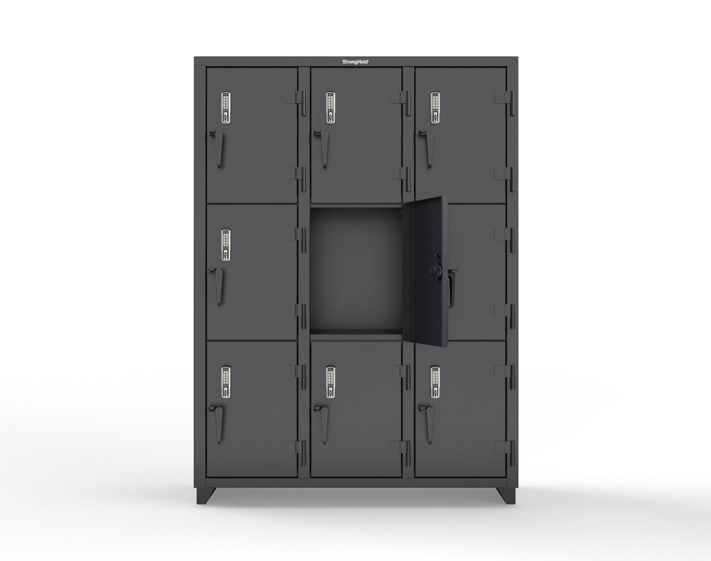 Extra Heavy Duty 14 GA Triple-Tier Locker with Keyless Entry Lock, 9 Compartments – 54 in. W x 18 in. D x 75 in. H - 4.66-9D-18-3T-EK-L-9005