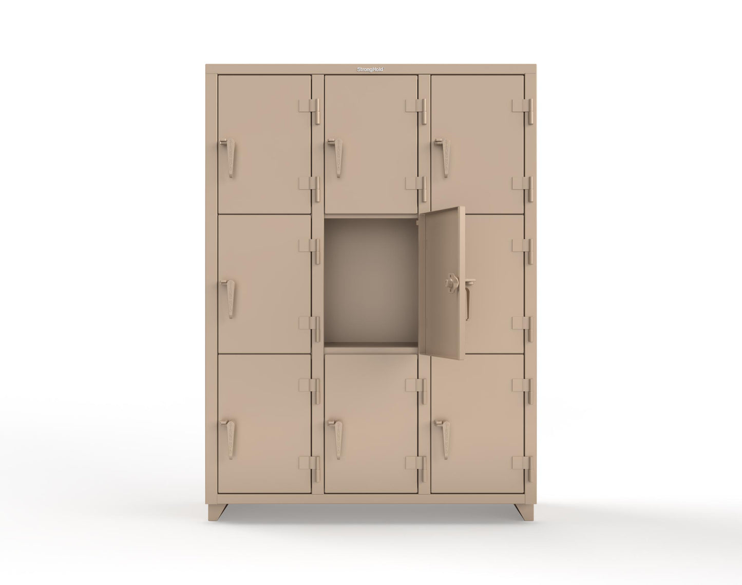 Extra Heavy Duty 14 GA Triple-Tier Locker, 9 Compartments - 54 in. W x 18 in. D x 75 in. H - 4.66-9D-18-3T-L-1019
