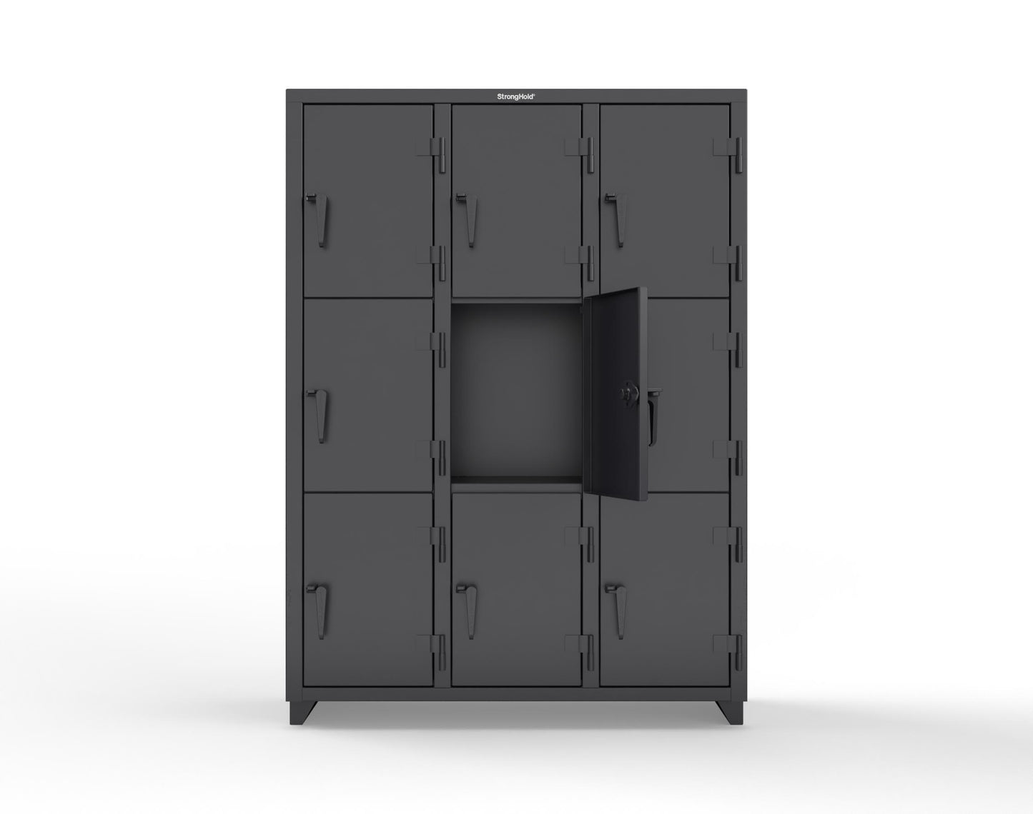 Extra Heavy Duty 14 GA Triple-Tier Locker, 9 Compartments - 54 in. W x 18 in. D x 75 in. H - 4.66-9D-18-3T-L-9005