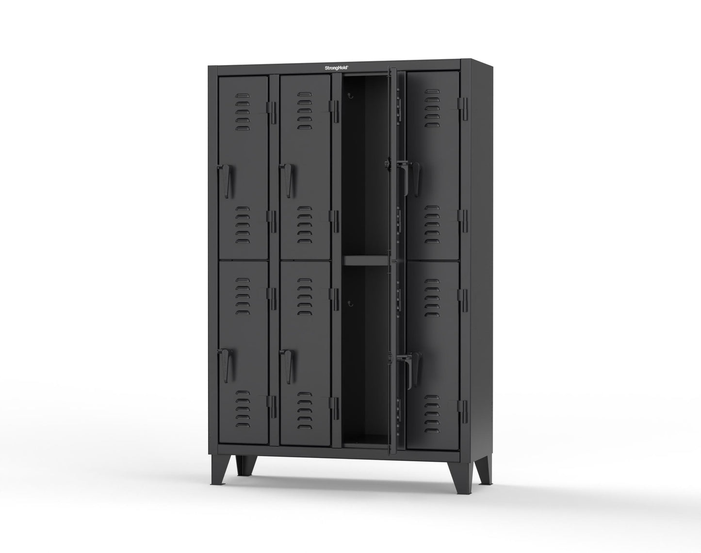 Extreme Duty 12 GA Double-Tier Locker with 8 Compartments, Louvered Doors, Coat Hooks - 50 in. W x 18in. D x 78 in. H - 46-18-2TSL-9005