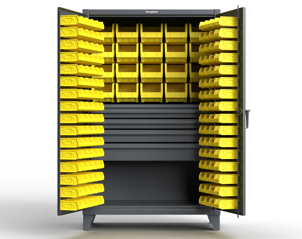 Extreme Duty 12 GA Bin Cabinet with Multiple Sized Bins, 4 Drawers, 1 Shelf - 36 In. W x 24 In. D x 78 In. H