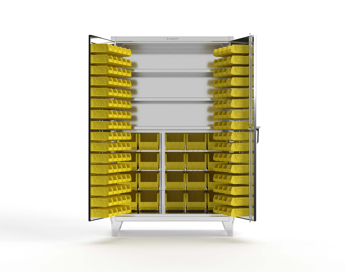 Extreme Duty 12 GA Stainless Steel Bin Cabinet with Multiple Bin Sizes, 3 Shelves - 48 In. W x 24 In. D x 78 In. H - 46-BBS-243-SS
