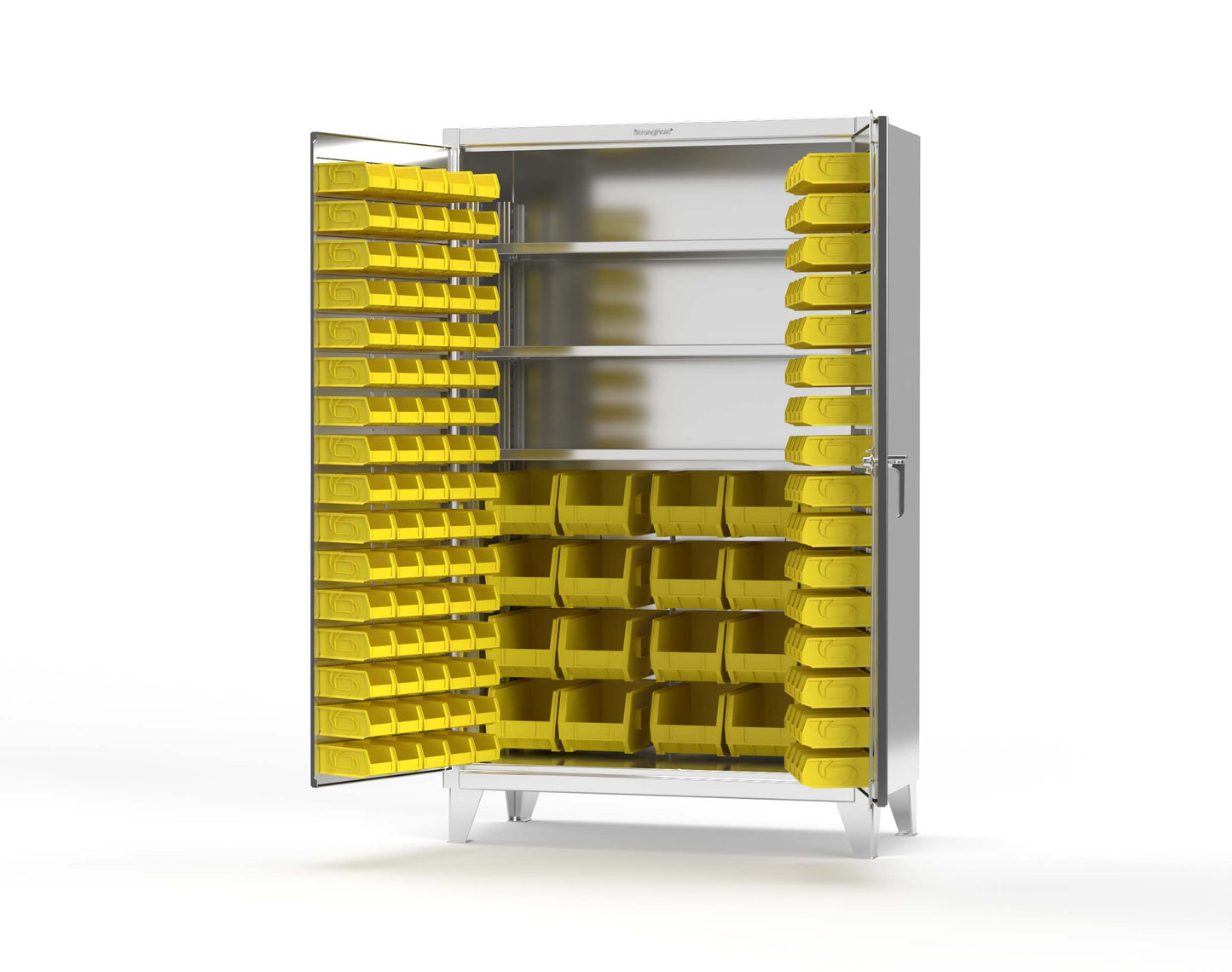 Extreme Duty 12 GA Stainless Steel Bin Cabinet with Multiple Bin Sizes, 3 Shelves - 48 In. W x 24 In. D x 78 In. H - 46-BBS-243-SS