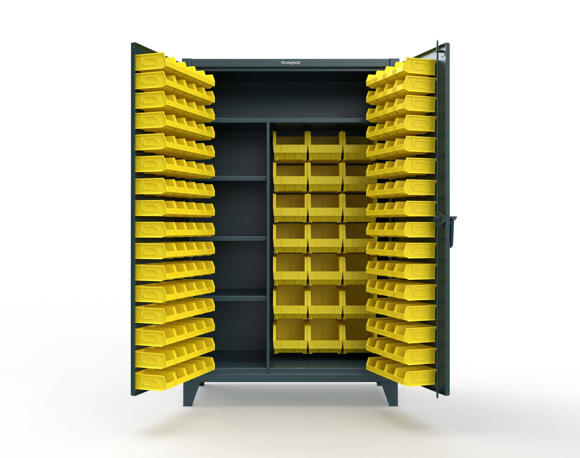 Extreme Duty 12 GA Bin Cabinet with Multiple Sized Bins, 3 Half-Width Shelves, 1 Full-Width Shelf - 48 In. W x 24 In. D x 78 In. H - 46-BSCW-241-3WLR-5001