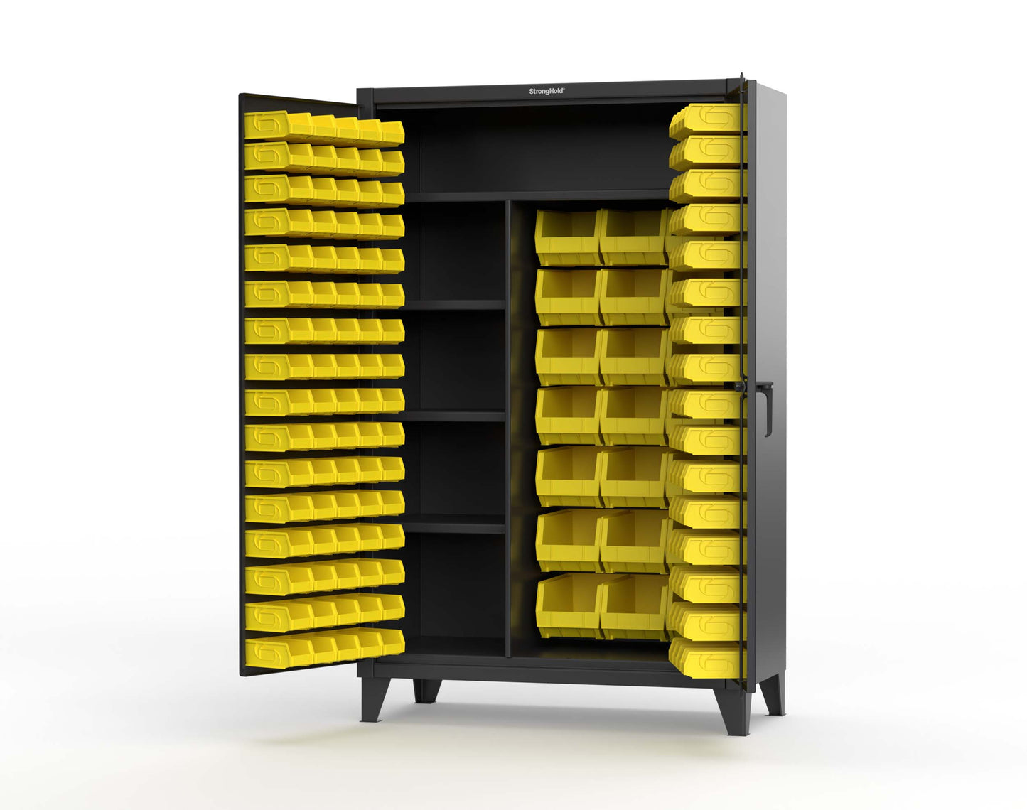 Extreme Duty 12 GA Bin Cabinet with Multiple Sized Bins, 3 Half-Width Shelves, 1 Full-Width Shelf - 48 In. W x 24 In. D x 78 In. H - 46-BSCW-241-3WLR-9005