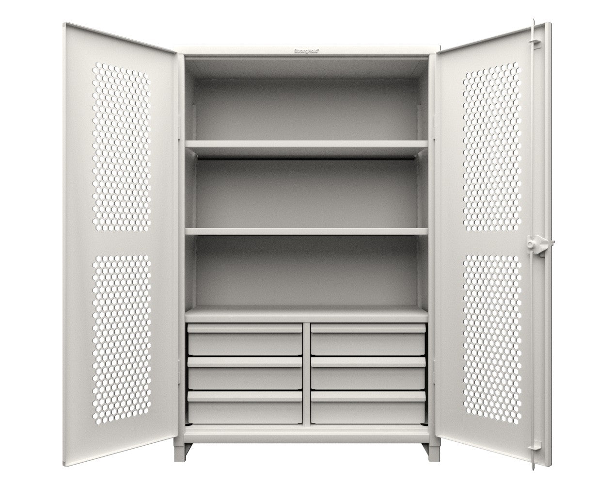 Extra Heavy Duty 14 GA Ventilated (Hex) Cabinet with 6 Half-Width Drawers, 3 Shelves - 48 In. W x 24 In. D x 75 In. H