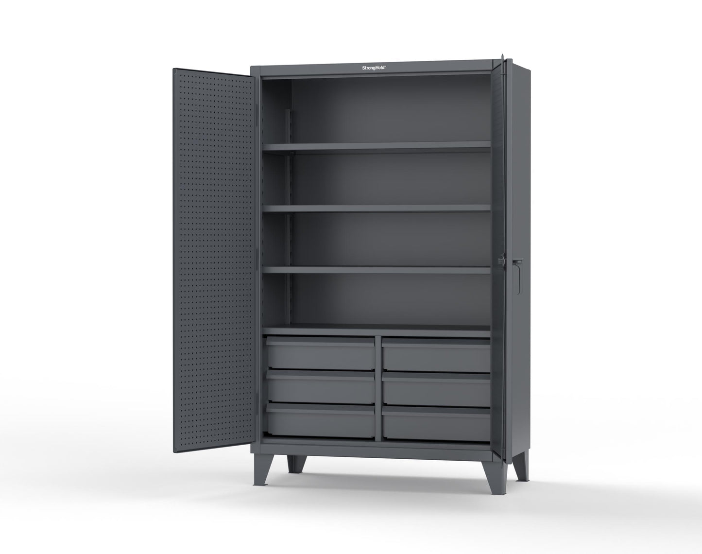 Extreme Duty 12 GA Cabinet with 4 Slide-Out Shelves, 6 Half-Width Drawers with Dividers - 48 In. W x 24 In. D x 78 In. H - 46-PB-244SOS-6/5DBPH-7024