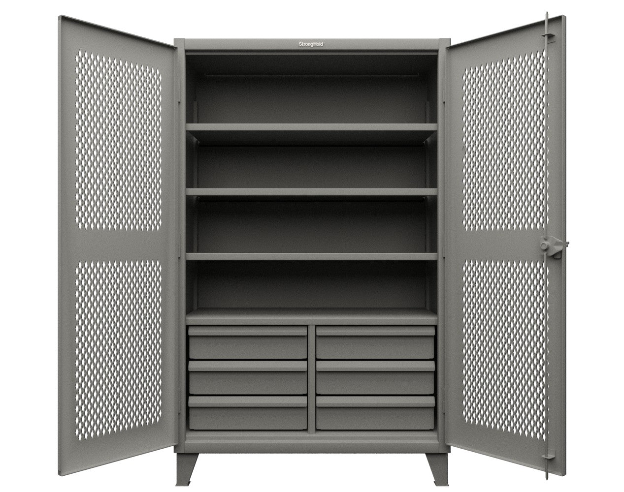 Extra Heavy Duty 14 GA Ventilated (Diamond) Janitorial Cabinet with 3 Shelves - 48 In. W x 24 In. D x 75 In. H