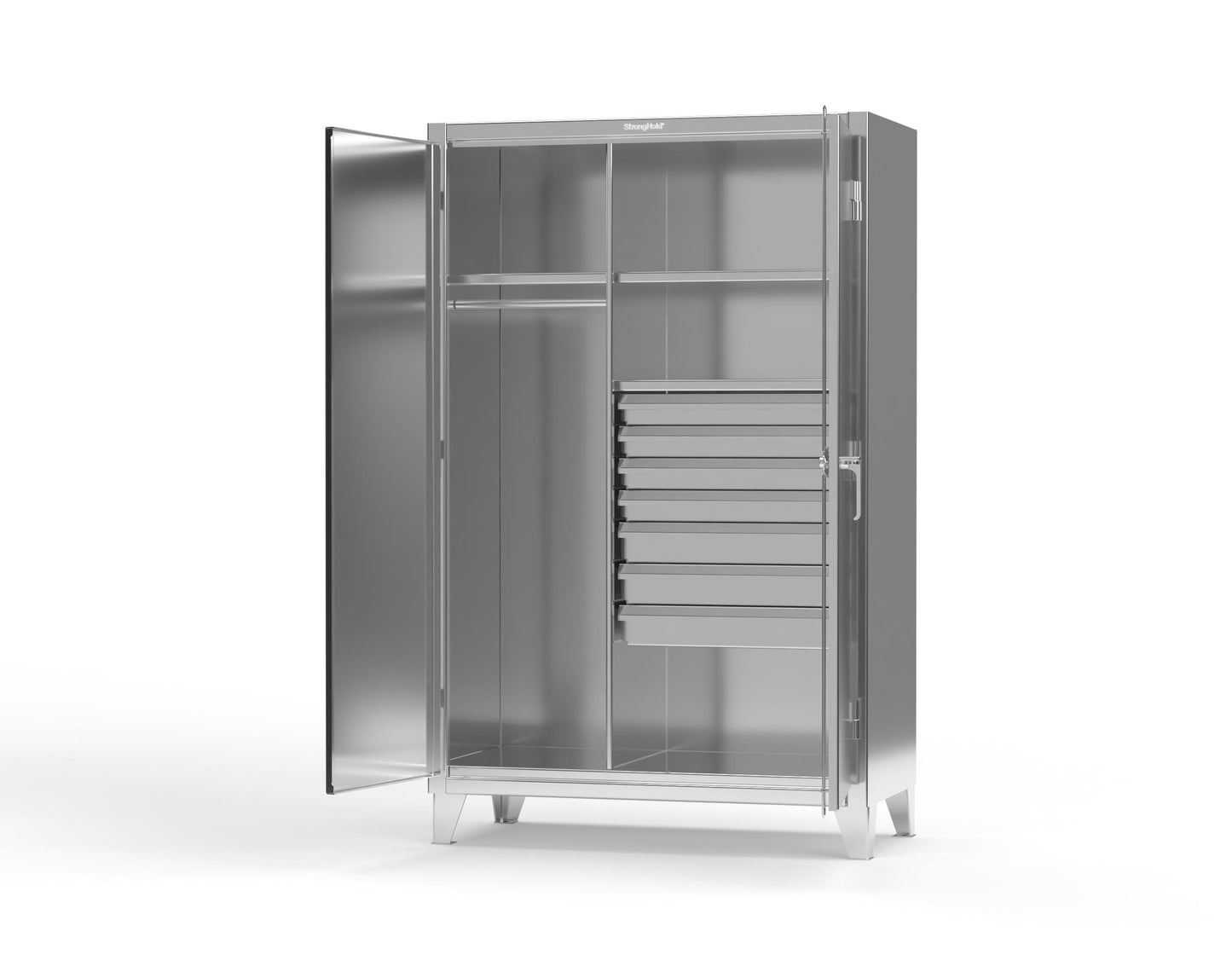 Extreme Duty 12 GA Stainless Steel Uniform Cabinet with 7 Drawers, 3 Shelves - 48 In. W x 24 In. D x 78 In. H - 46-W-243-7DB-SS