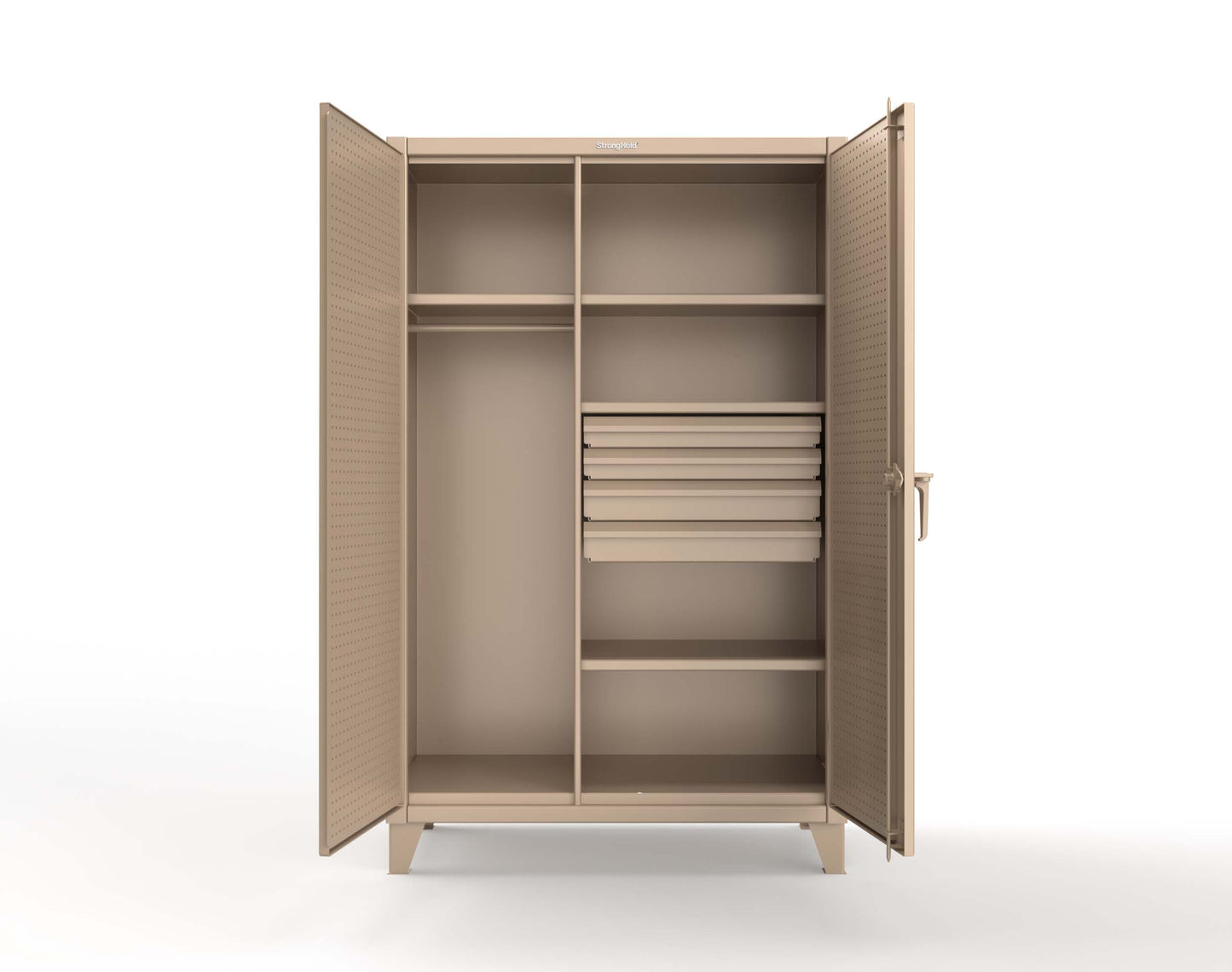 Extreme Duty 12 GA Uniform Cabinet with 4 Drawers, Pegboard, 4 Shelves - 48 In. W x 24 In. D x 78 In. H - 46-W-244-4DB-PB-1019