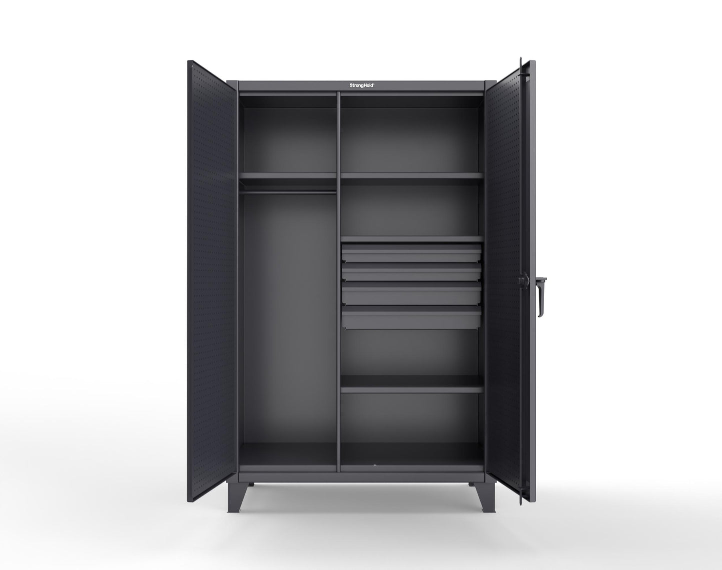 Extreme Duty 12 GA Uniform Cabinet with 4 Drawers, Pegboard, 4 Shelves - 48 In. W x 24 In. D x 78 In. H - 46-W-244-4DB-PB-9005
