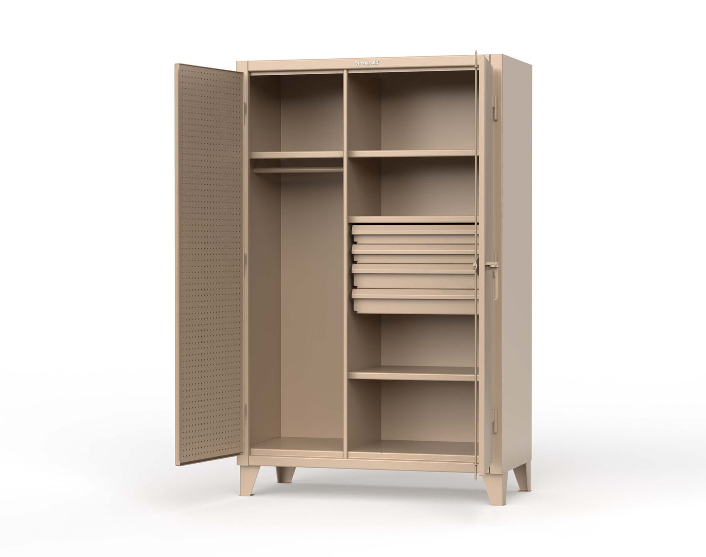 Extreme Duty 12 GA Uniform Cabinet with 4 Drawers, Pegboard, 4 Shelves - 48 In. W x 24 In. D x 78 In. H - 46-W-244-4DB-PB-1019