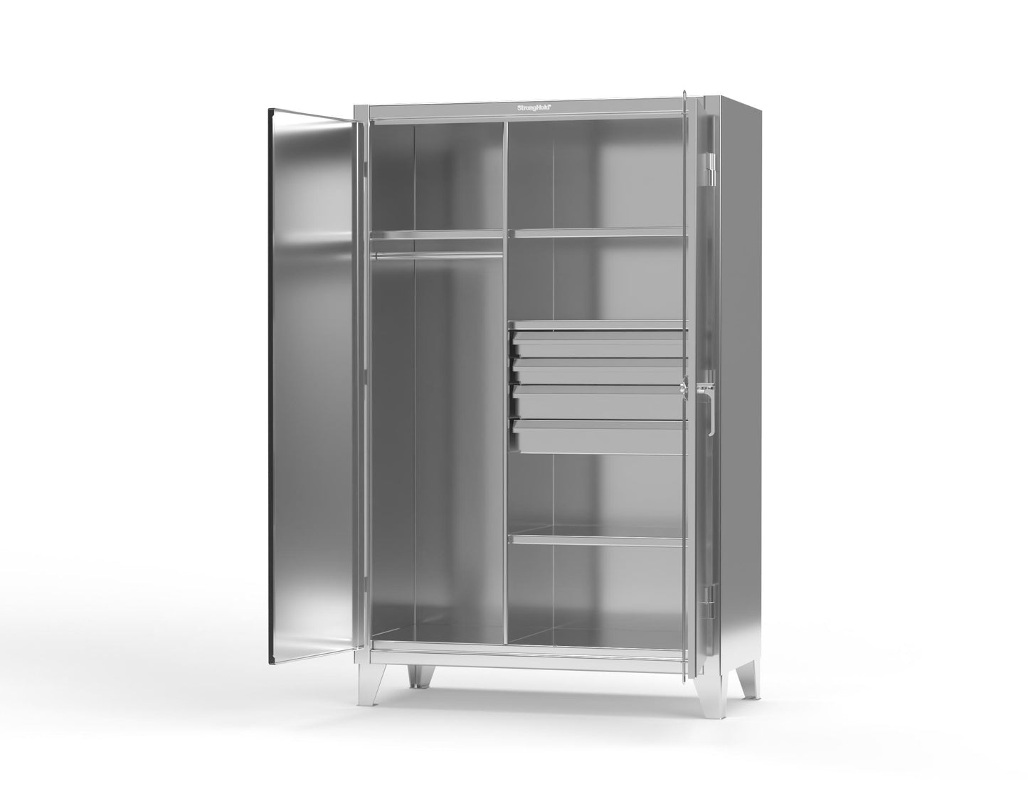 Extreme Duty 12 GA Stainless Steel Uniform Cabinet with 4 Drawers, 4 Shelves - 48 In. W x 24 In. D x 78 In. H - 46-W-244-4DB-SS