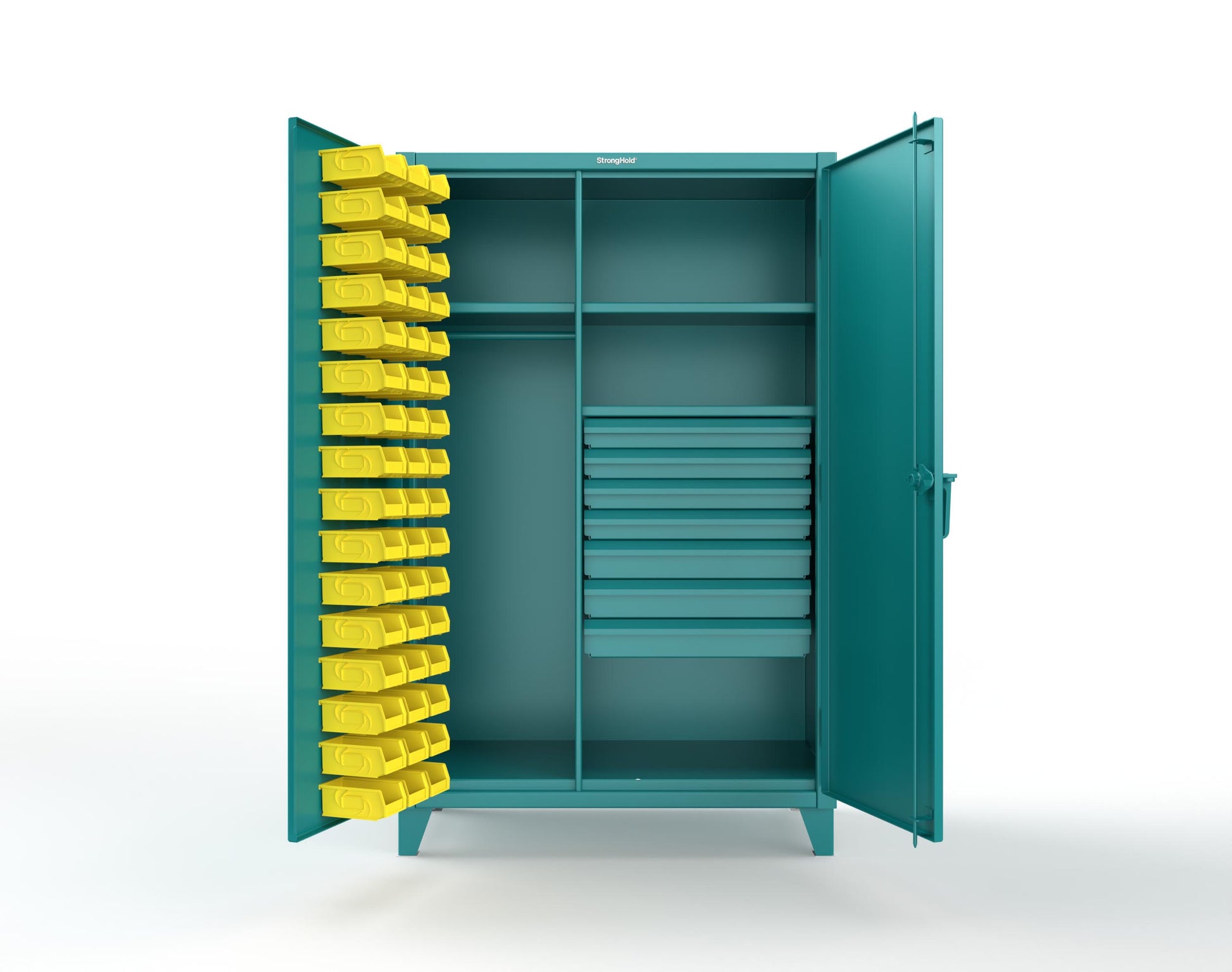 Extreme Duty 12 GA Uniform Cabinet with 48 Bins, 7 Drawers, 3 Shelves - 48 In. W x 24 In. D x 78 In. H - 46-WBD-243-7DBLD-5021
