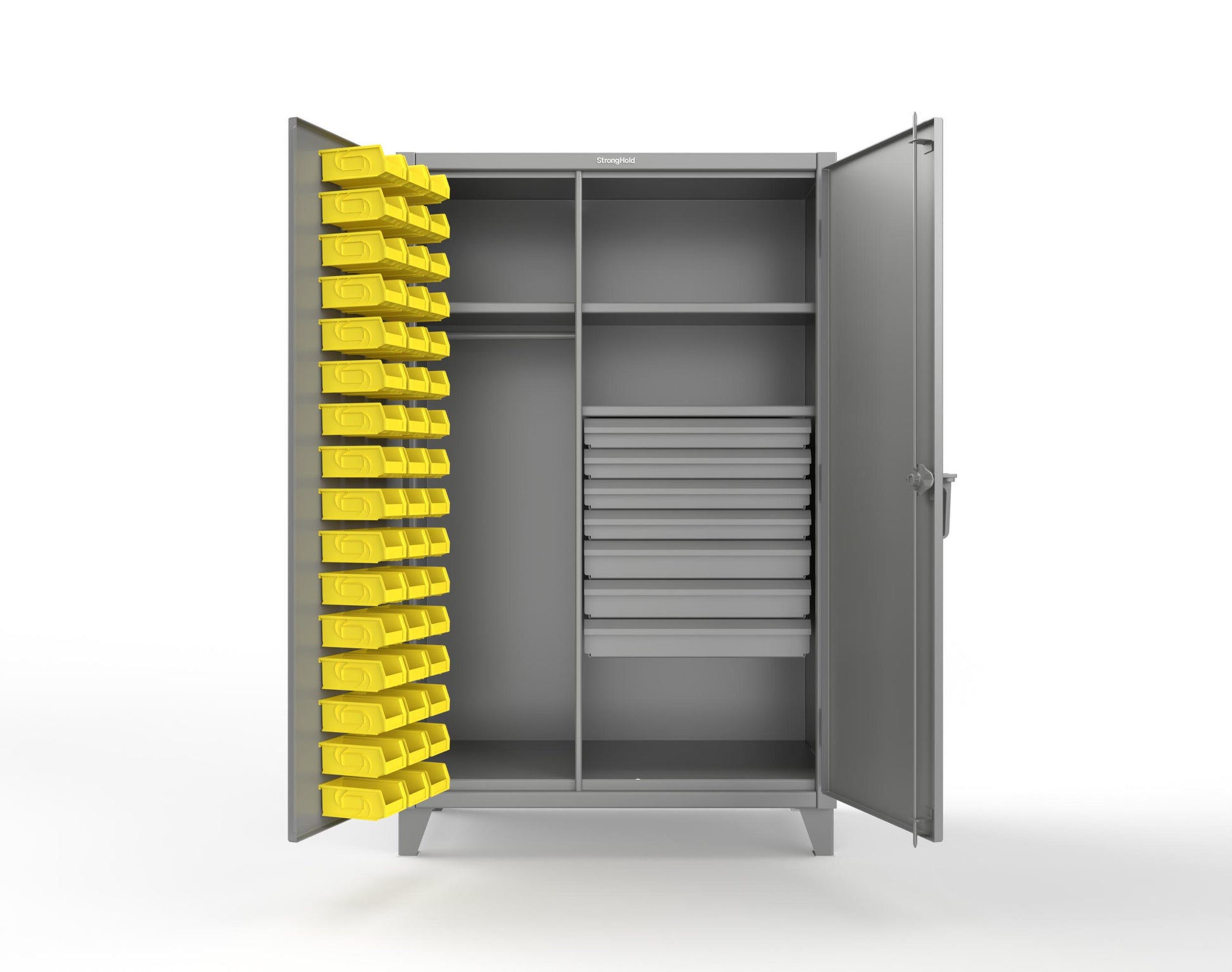 Extreme Duty 12 GA Uniform Cabinet with 48 Bins, 7 Drawers, 3 Shelves - 48 In. W x 24 In. D x 78 In. H - 46-WBD-243-7DBLD-7037