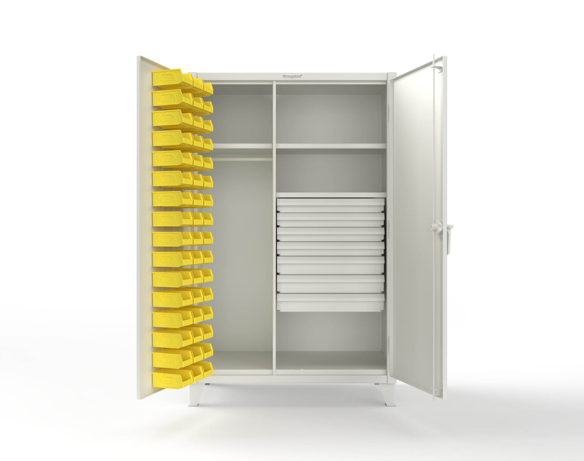 Extreme Duty 12 GA Uniform Cabinet with 48 Bins, 7 Drawers, 3 Shelves - 48 In. W x 24 In. D x 78 In. H - 46-WBD-243-7DBLD-9003