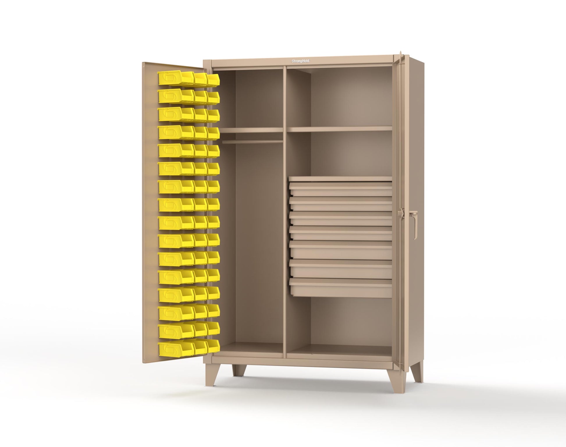 Extreme Duty 12 GA Uniform Cabinet with 48 Bins, 7 Drawers, 3 Shelves - 48 In. W x 24 In. D x 78 In. H - 46-WBD-243-7DBLD-1019