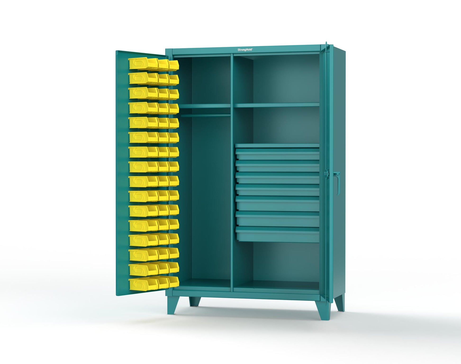Extreme Duty 12 GA Uniform Cabinet with 48 Bins, 7 Drawers, 3 Shelves - 48 In. W x 24 In. D x 78 In. H - 46-WBD-243-7DBLD-5021